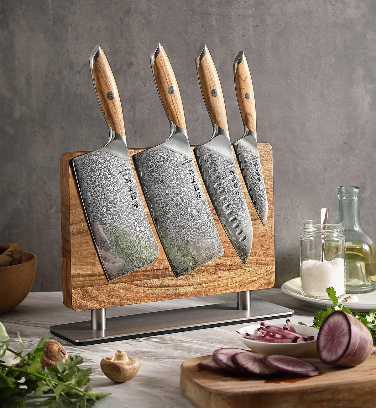 HEZHEN Bloc de Couteaux Magnétique, Porte-couteau en Bois D'Acacia, Aimanté Double Face Support à Couteaux, Outil de Rangement pour les Couteaux
