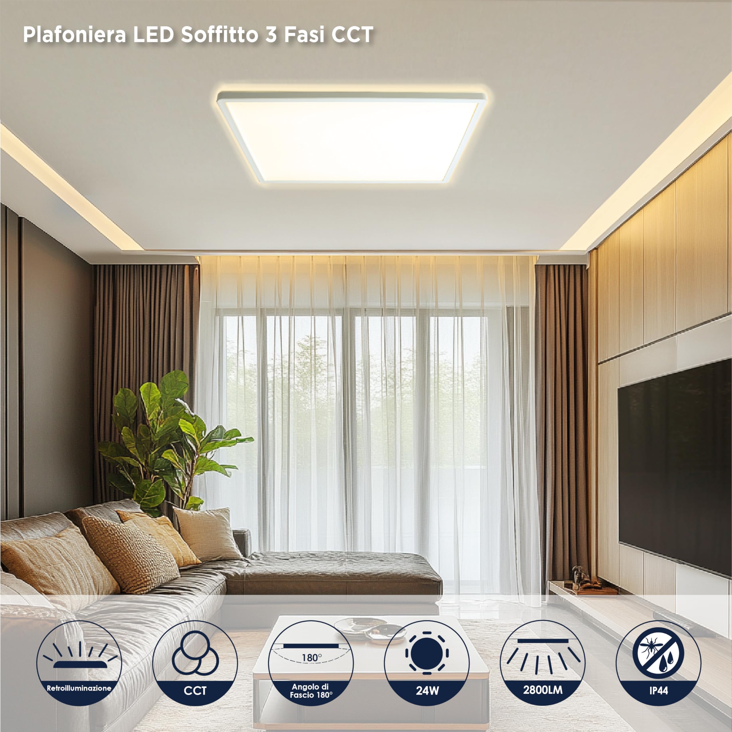 BestLuz LED Plafoniera, 3 Stadi 3000K/4000K/6500K 42x42 CM 24W 2800LM, Ultra Sottile, Bianco, Minimalista, per Soggiorno, Camera da letto, Bagno, Cucina