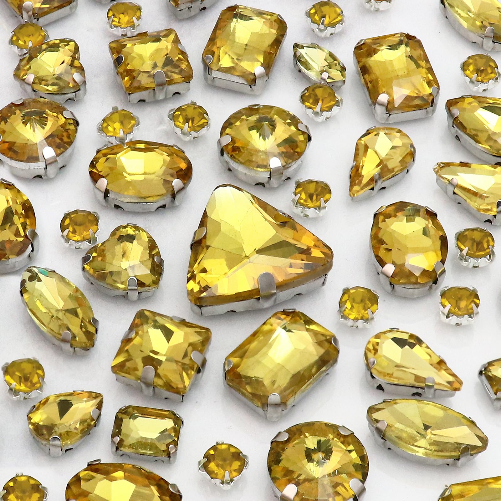 Dowarm Sew on Rhinestones 104 PCS Mixed Shapes Glass Sew on Crystals for Crafts Metal Flatback Claw Gemstones for Jewelry Making Costumes Clothes Garment, Topaz/Gold Yellow