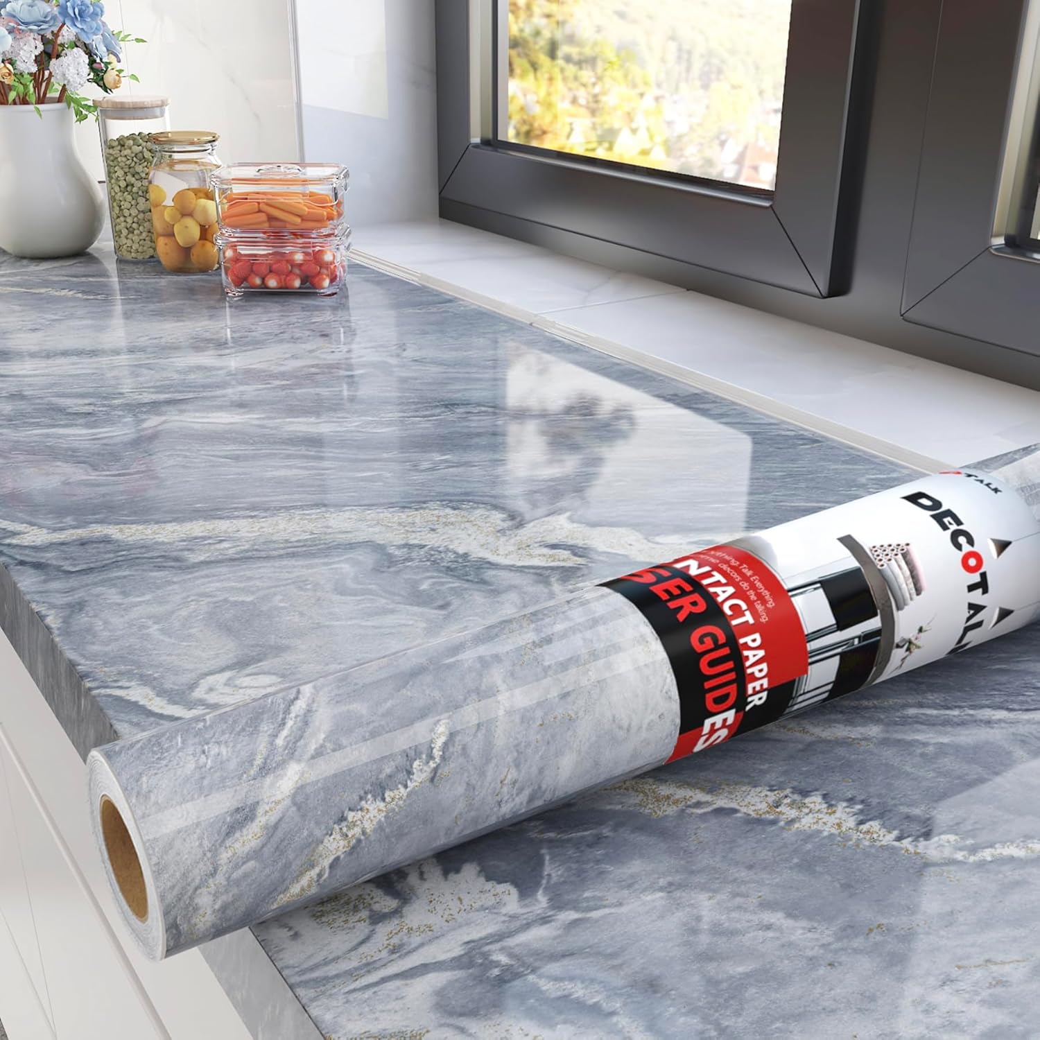Decotalk 30"x120" Countertop Contact Paper Blue - Peel and Stick Countertops Contact Paper Waterproof Kitchen Counter Top Peel and Stick Blue Marble Vinyl Wrap Glossy Countertop Renter Friendly
