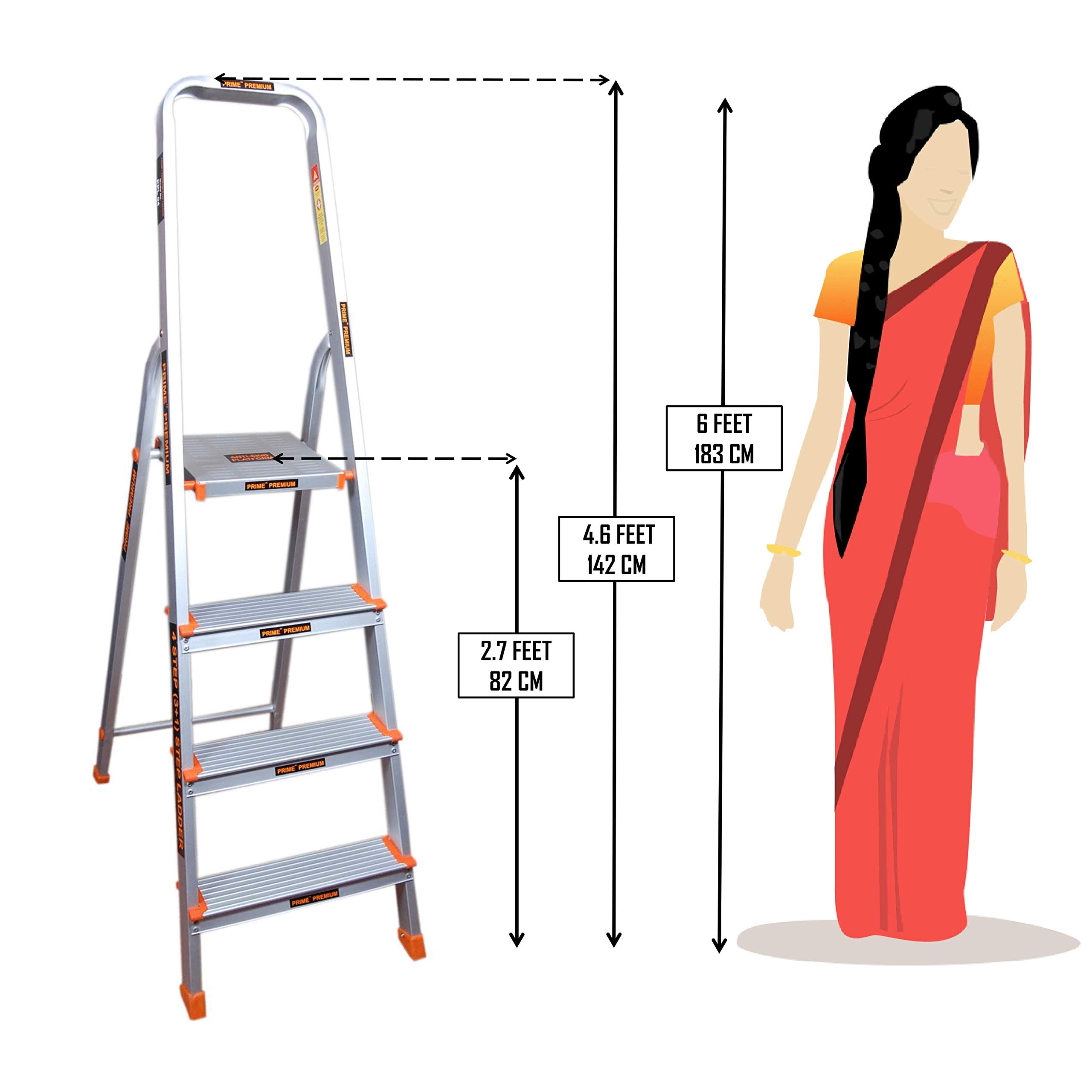 Prime Premium Aluminium Step Ladder for Home | 4 Steps (3+1) | Wide Anti-Skid Steps & Large Comfortable Platform, Foldable Rustproof Safety Ladder for Home & Office | 6 Year Warranty | Made in India 1