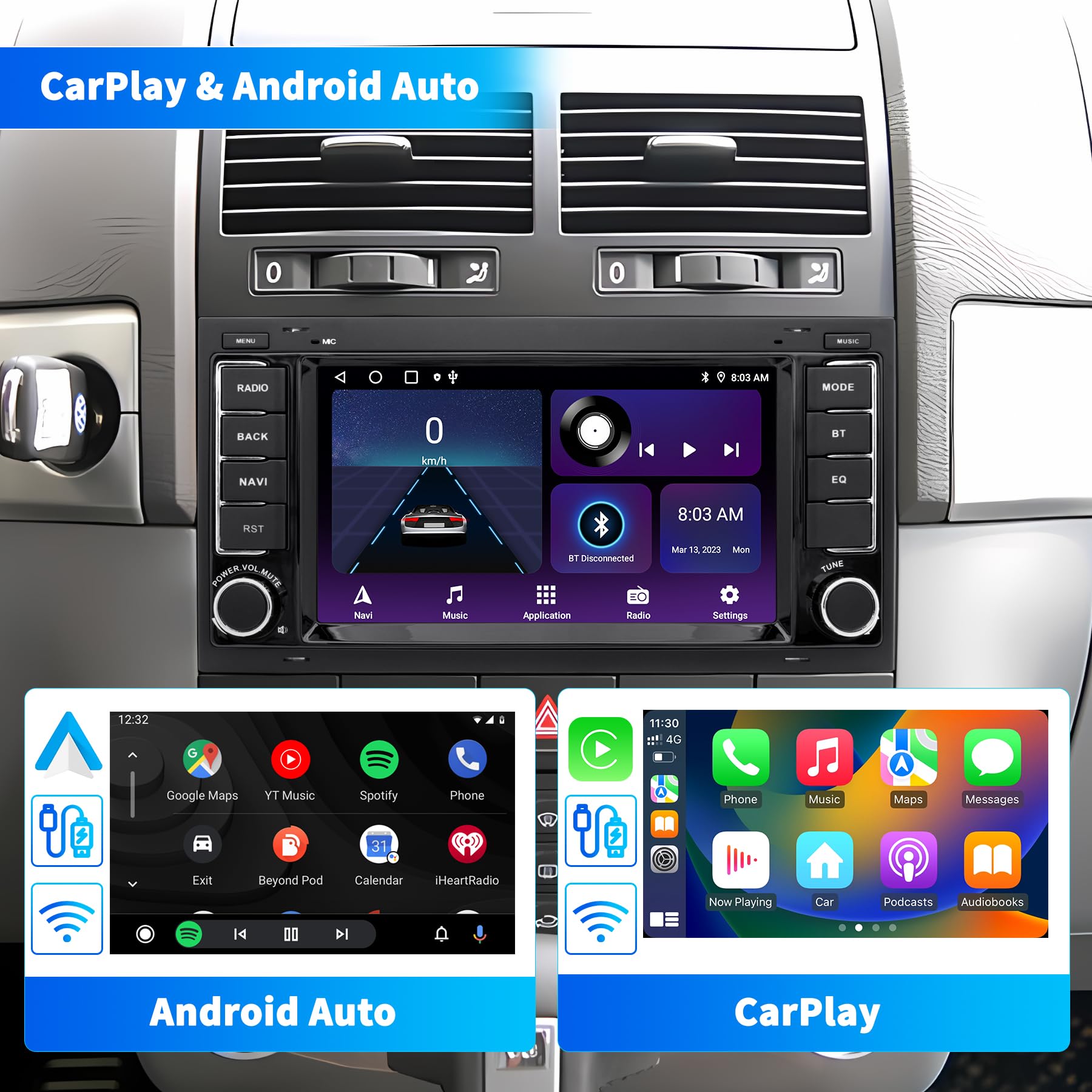 Autoradio pour VW Touareg Transporter T5 Multivan, Système Android 12 2G+64G, écran Tactile 7 Pouces, Radio Double DIN Prend en Charge la Navigation CarPlay Android Voiture Bluetooth WiFi