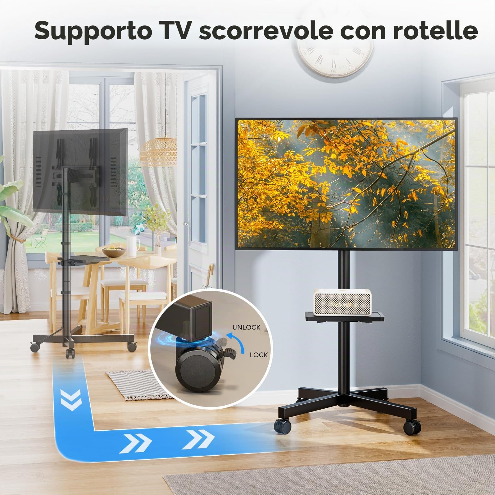 Supporto mobile TV per LCD LED da 23 a 60 pollici a schermo piatto/curvo, carrello porta TV con rotelle, supporta fino a 40 kg di peso, supporto TV portatile con ripiano girevole da pavimento