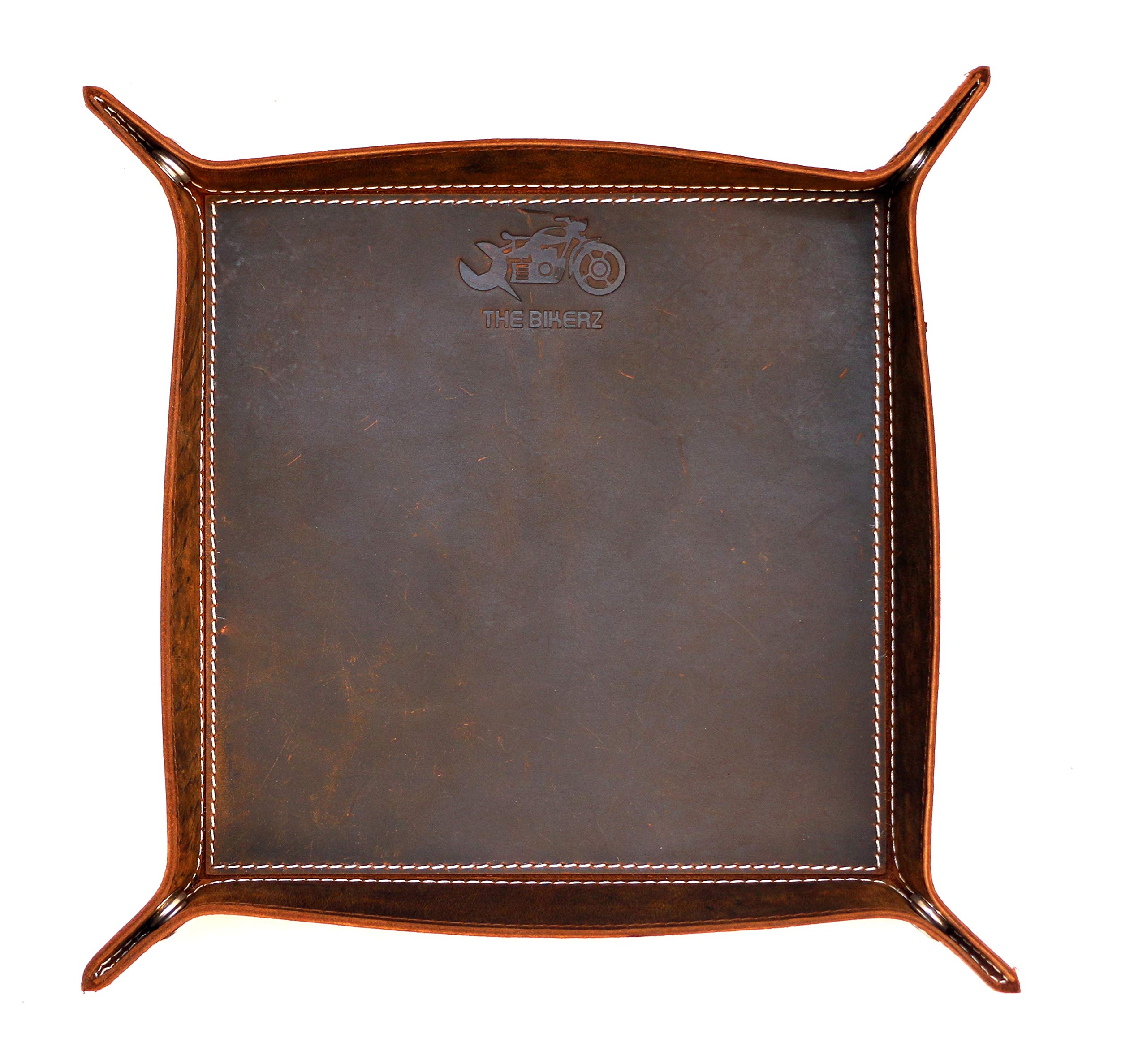 THE BIKERZ Valet Tray for Men, Leather Jewelry Catchall Key Phone Coin Box Change Caddy Bedside Storage Box (Crazy Horse Leather - Dark Brown) (Small)