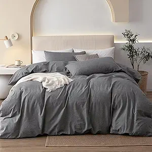 JIYUAN 100% Washed Cotton Duvet Cover Set 3 Pieces Full, 1 Duvet Cover 80x90 Inches (Comforter Not Included) and 2 Pillowcases,Linen Feel Bedding Set Comfy and Breathable, Heathered Dark Grey