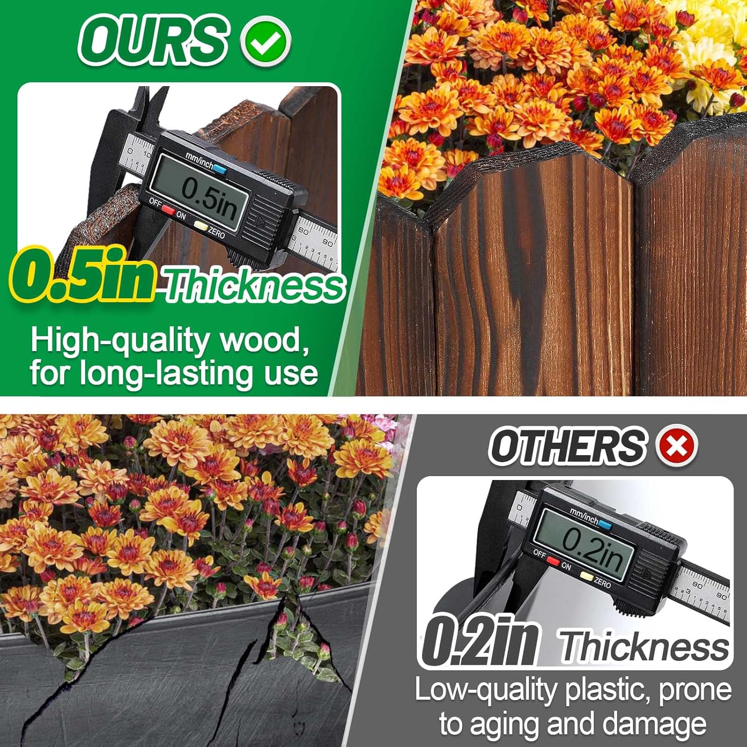 Rustic Pine Wood Garden Fence - 13.1ft L*12in H Easy to Install Sturdy Wooden Landscape Edging Border, No Fading Planter Fencing for Yard Flower Bed Lawns Pathway Tree