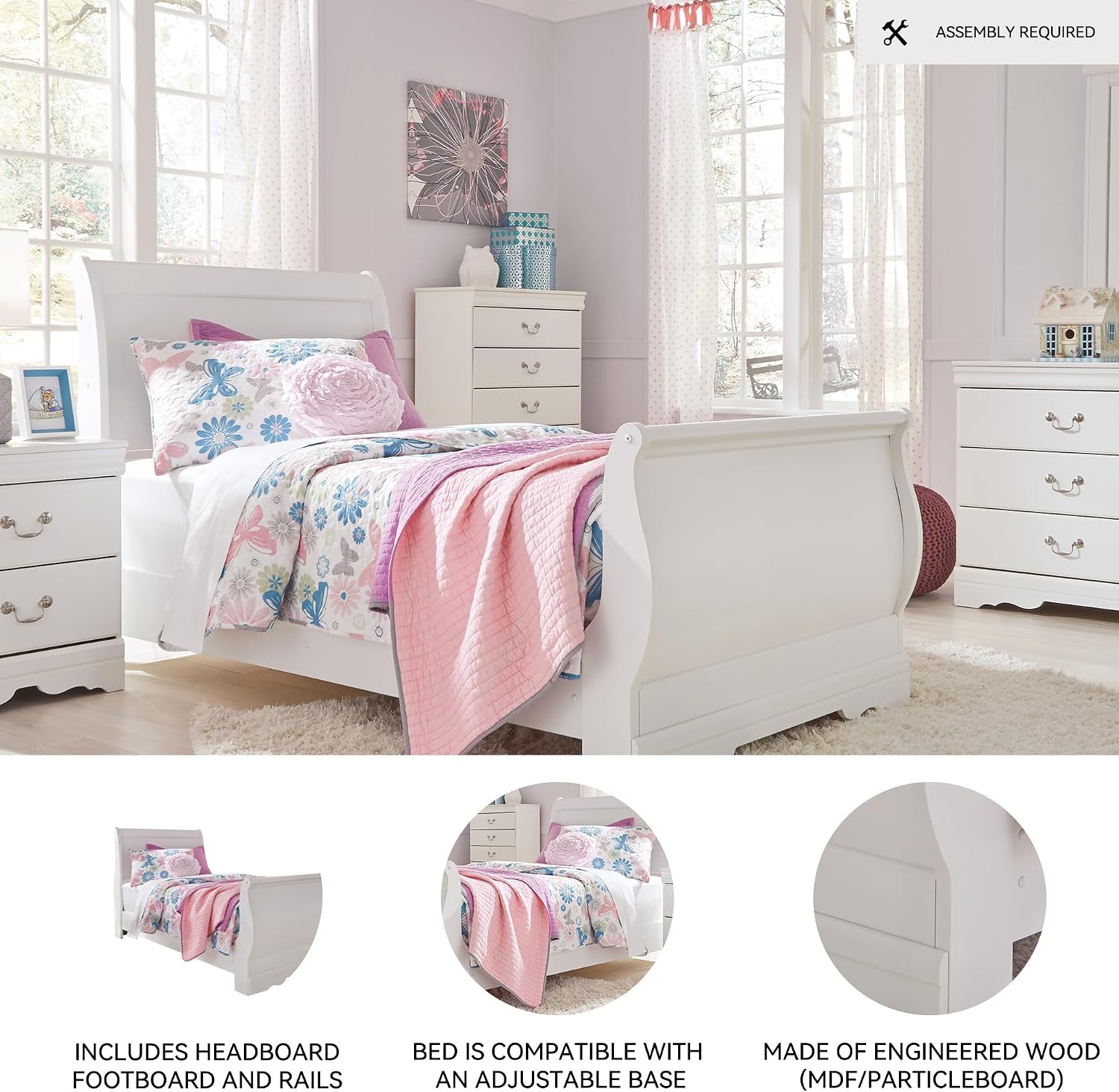 Signature Design by Ashley Twin Sleigh Bed Frame, Louis Philippe, White | Engineered wood (MDF/particleboard), Metal components, Supportive cross-slats, 91 lbs item weight, Anarasia Series
