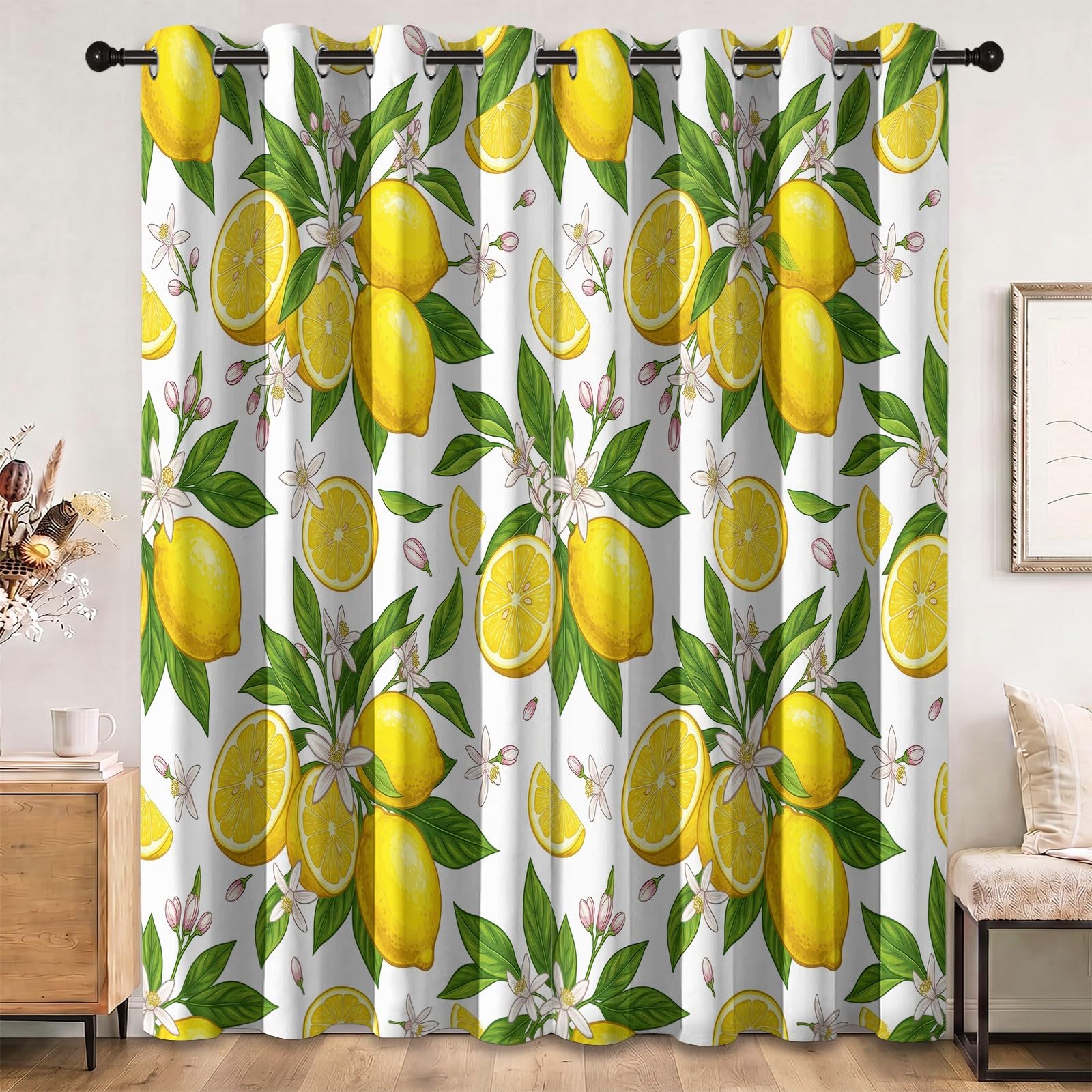 Generisch Verdunkelungsvorhänge mit Aquarell Früchte Zitrone Blumen Blätter Print, Cartoon Natur Vorhänge für Wohnzimmer Schlafzimmer, Schalldicht Wärmeisolierend Gelb Vorhang, H140 x B90 cm x 2