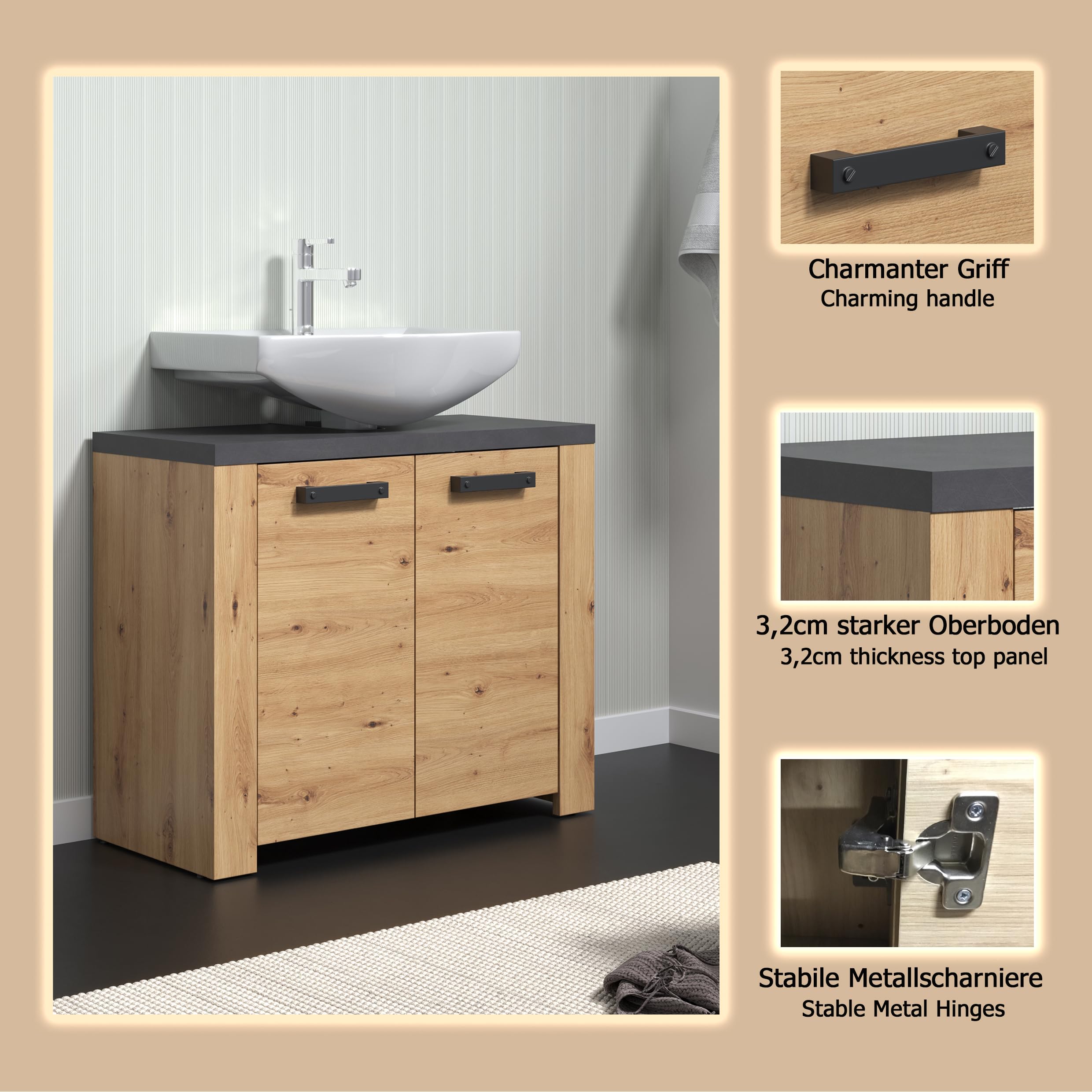 trendteam smart living - Follow - Waschbeckenunterschrank - Artisan Eiche/Matera - Waschtisch mit 2 Türen und 1 Einlegeboden - (BxHxT) 79 x 67 x 35 cm - moderne, schwarze Griffe - kratzfest