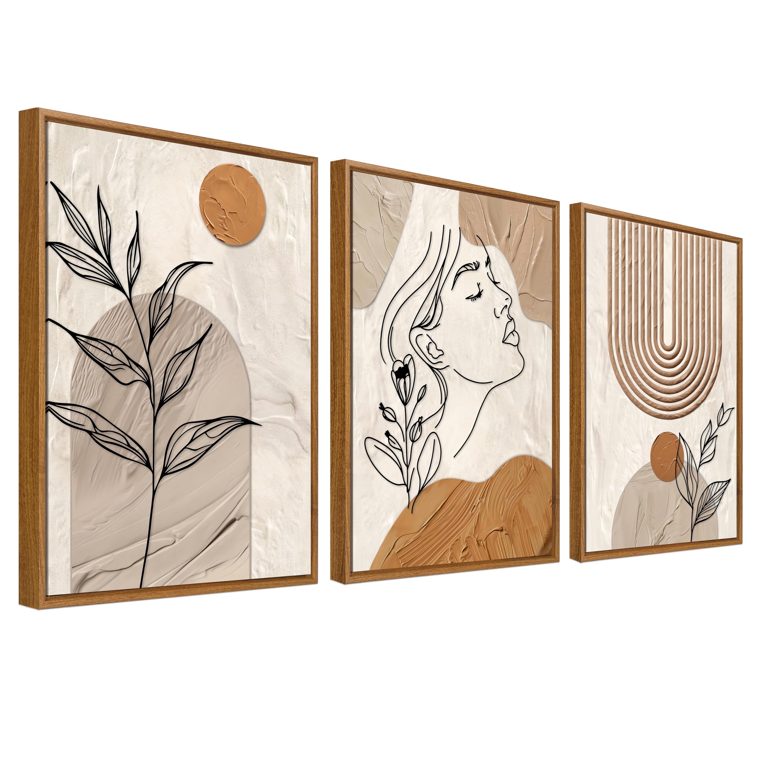 3Pcs Wooden Framed Boho Canvas Wall Art Orange Abstract Leaves And Sun Painting Canvas Prints Nordic Minimalist Geometric Picture for Living Room Bedroom Hallway Home Wall Decor 120x60cm(16"x24"x3pcs) — view 63