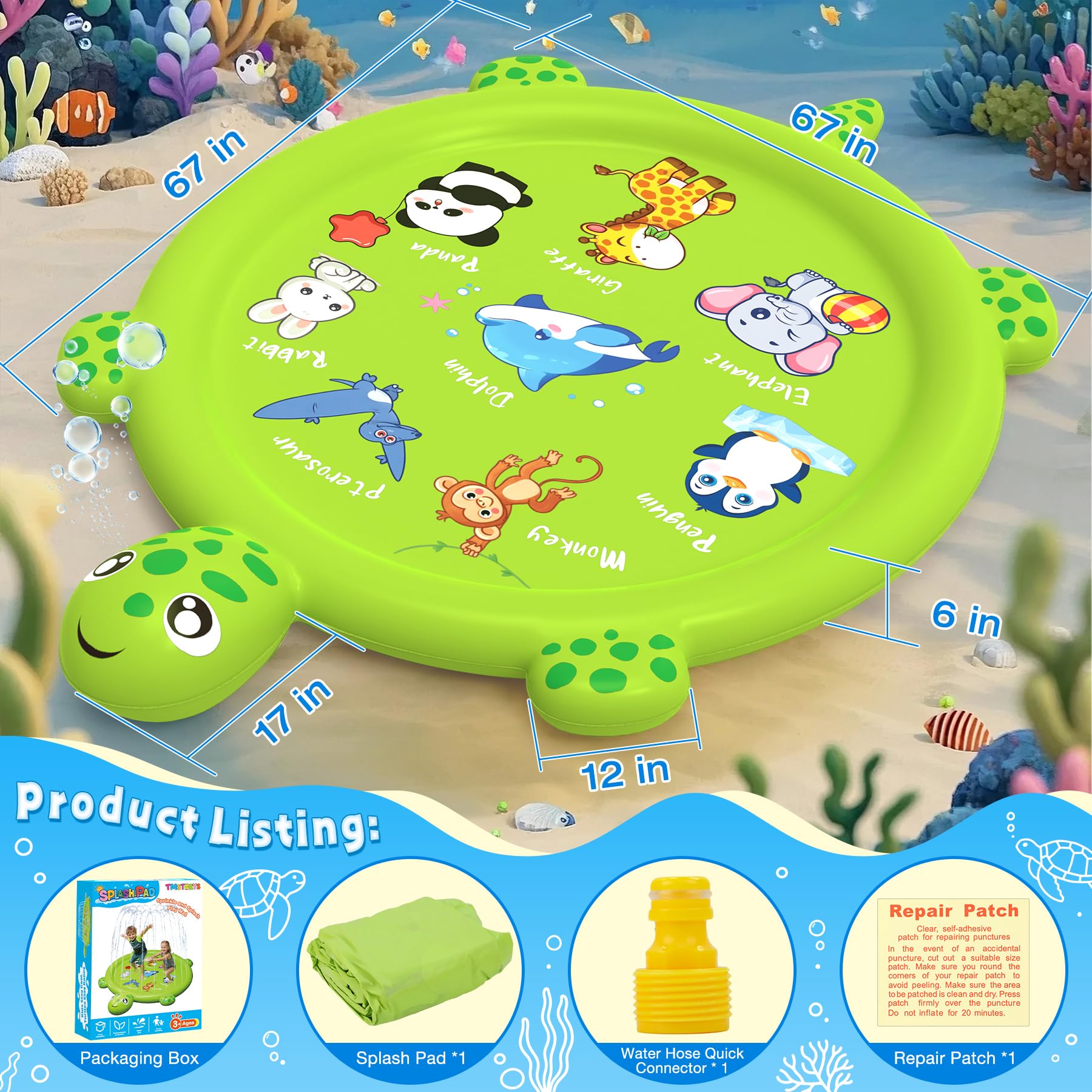 Almohadilla de salpicaduras para niños pequeños de 1 a 3 años, tapete de juego de rociadores de tortugas y salpicaduras, piscina inflable para bebés, juguetes acuáticos de verano al aire 2