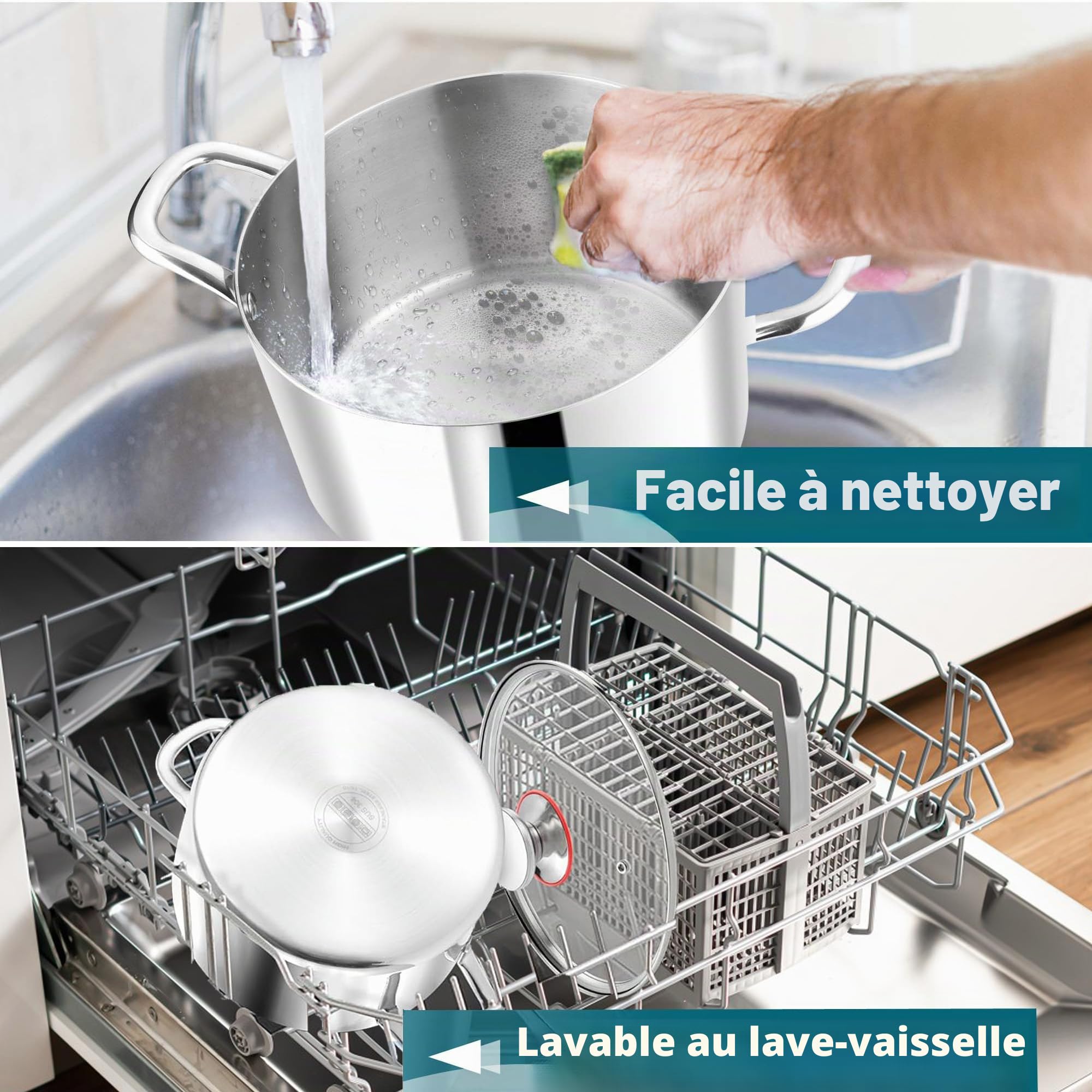 Joyfair Faitout 22 cm acier inoxydable 3 couches, casserole induction 5 l, convient tous feux, passe lave-vaisselle
