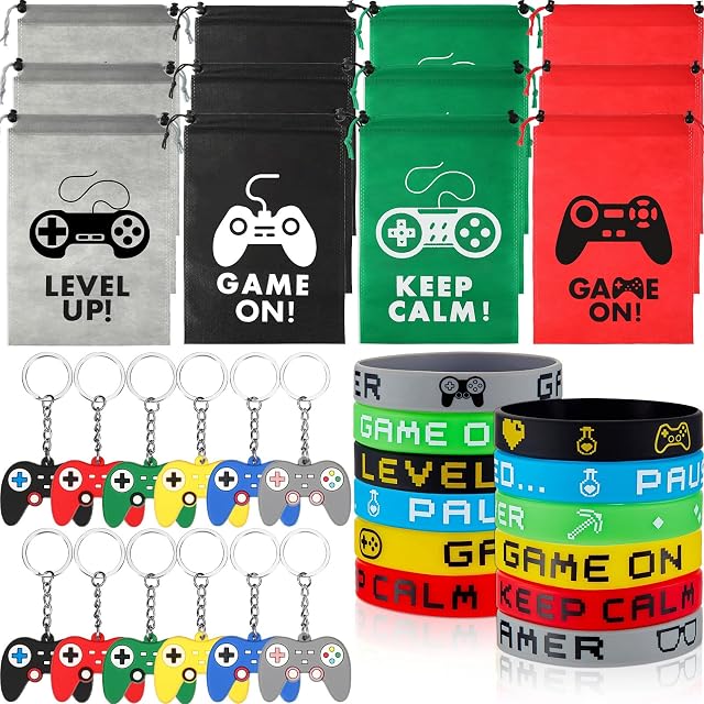 36 Pieces Video Game Party Favors Set Include Gamer Party Favor Bags with Drawstring Silicone Bracelets Wristbands Game Controller Keychains for Boys Girls Gaming Birthday Party Supplies Decorations