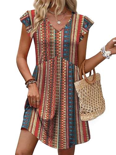 OFEEFAN Summer Dresses for Women Beach Vacation Clothes V Neck Ruffle Sleeve Babydoll Dress