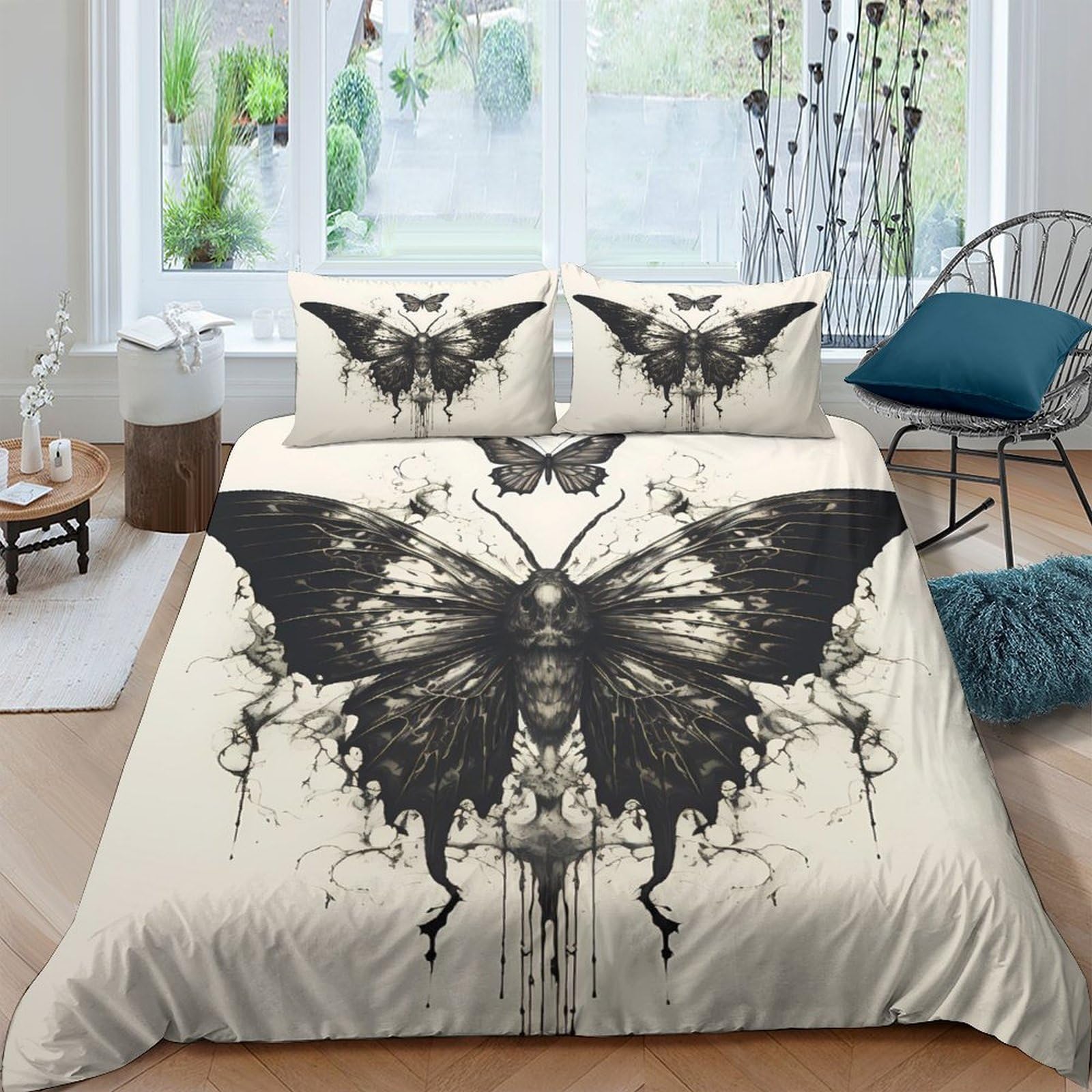 Ctjqhvkz Style-10 3D Printed Black Ink Butterfly Fitted Sheet Microfiber Soft Abstract Moth Bed Cover For Bedroom Dorm Easy Care Single（135X200cm）
