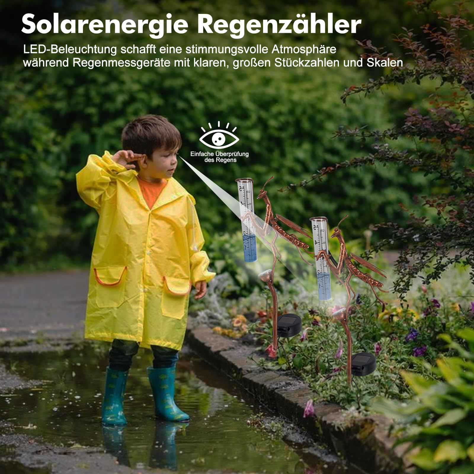 HOSPAOP Pluviomètre Solaire de Jardin avec LED et Piquet – Verre Résistant au Gel, Mesure Précise des Précipitations pour Pelouse, Terrasse, Champs, Patio, Déco Extérieure