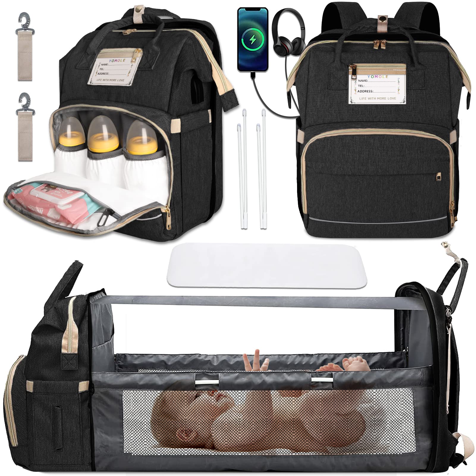 Baby Diaper Bag Backpack with Changing Station, Baby Bag for Boys & Girls, Baby Shower Gifts, Bassinet & Travel Pad - Dad & Mommy Gift, Unisex Large Babies Diaperbag with Insulated Milk Bottle Pocket