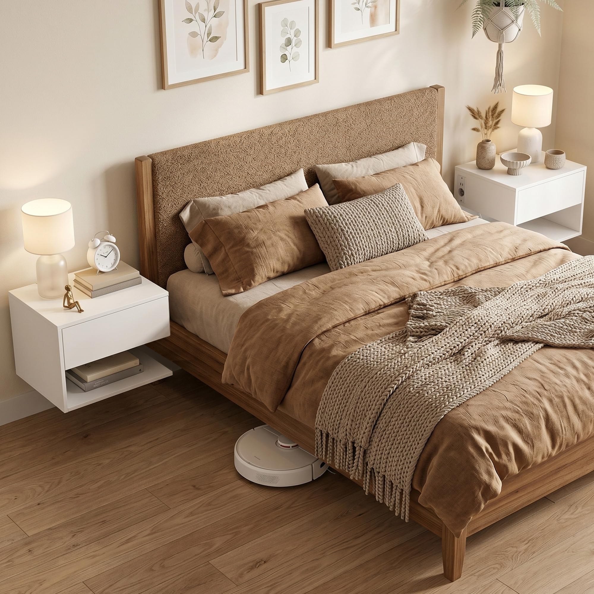 HOMCOM Set 2 Comodini Camera da Letto Sospesi 46x30x30 cm Bianco | Prese di Corrente, Cassetto, Ripiano Aperto, Coppia di Comodini Moderno, Tavolini per Divano, Soggiorno, Salotto, Camera