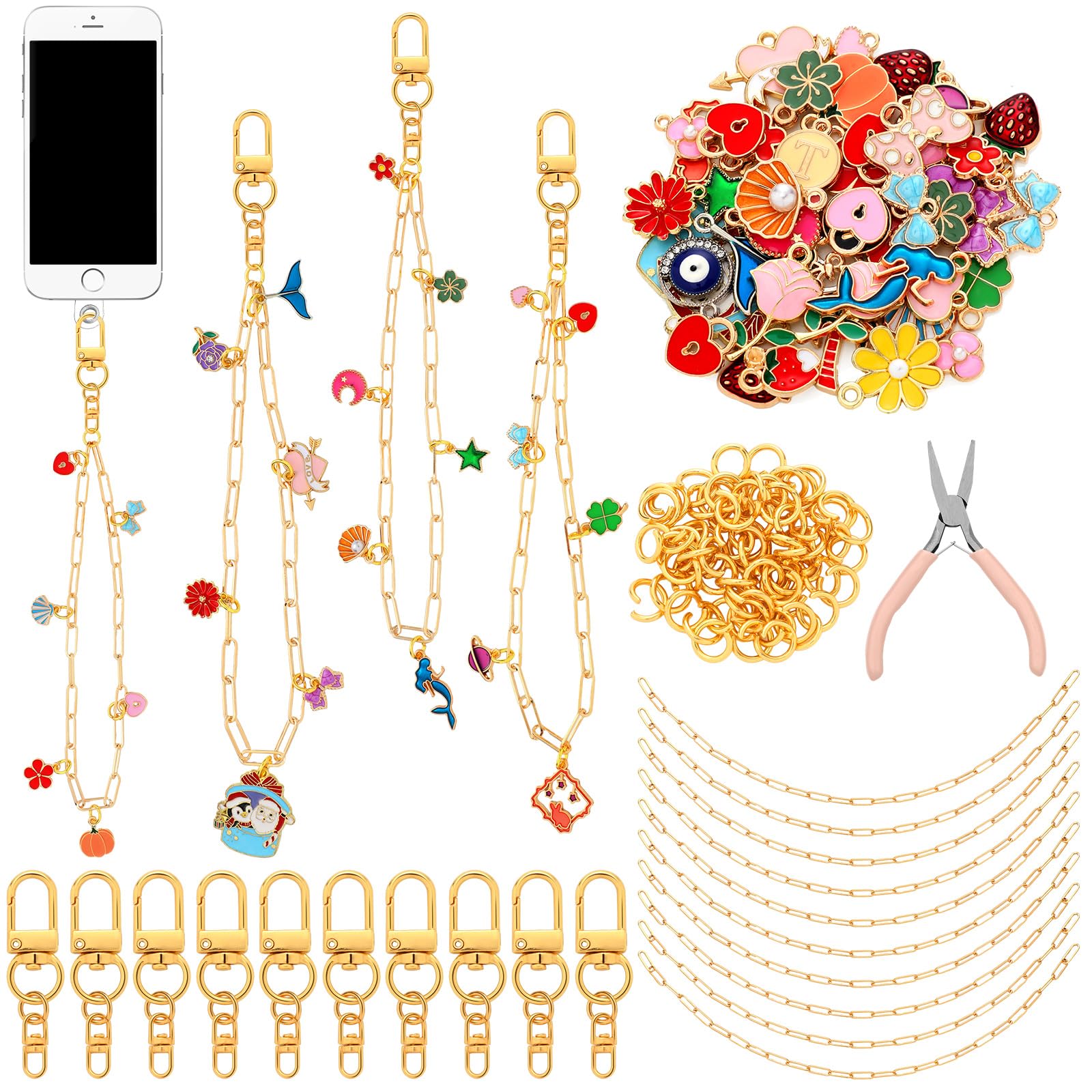 Tondiamo 141 Pcs Cute Phone Charms for Adult Detachable Aesthetic Y2k Cell Phone Charm Making Kit with 50 Charms, 70 Jump Rings and Tools for Women