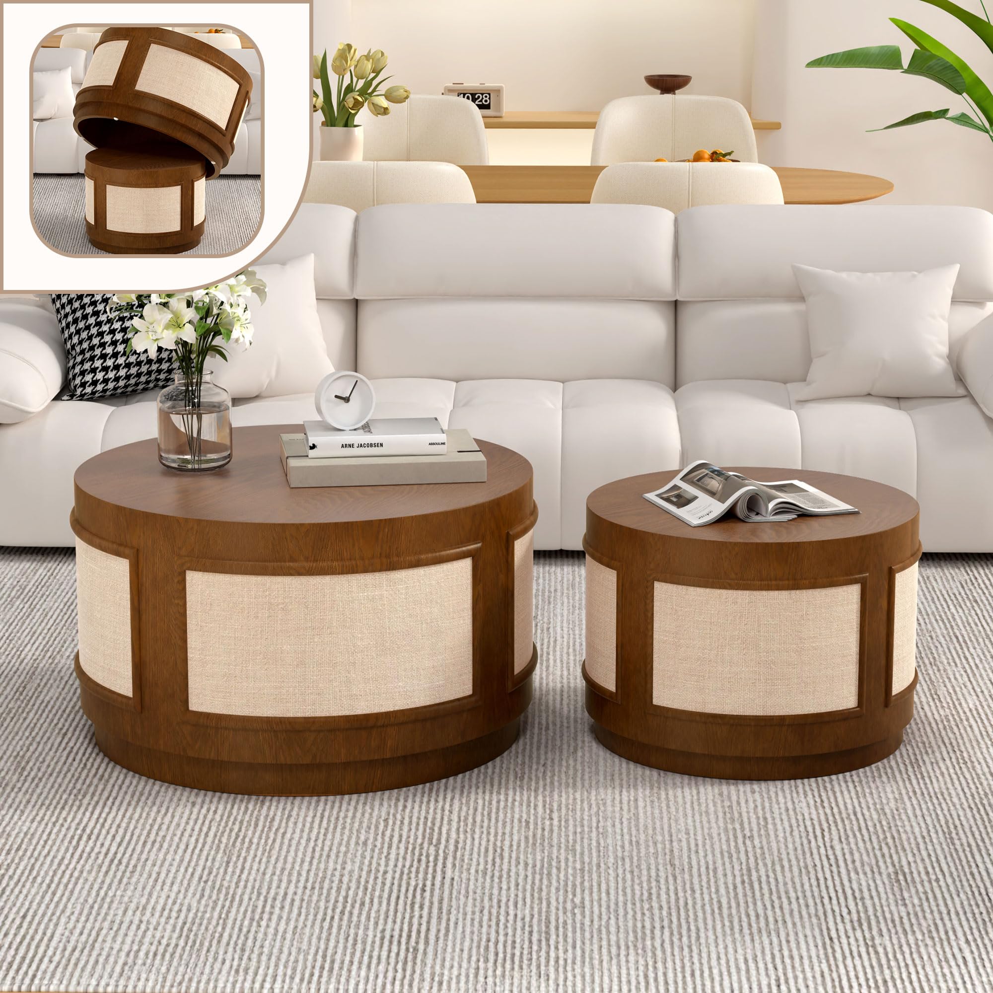 Modern Round Nesting Coffee Table Set, Round Mid-Century Coffee Table with Fabric Accent, Circle Drum Center Table for Apartment Small Space, Easy Assembly