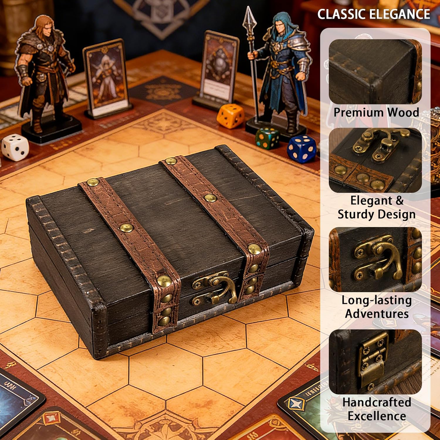 7 Pieces Hollow Metal DND Dice Set in Vintage Wooden Box & Bag - Premium Hollow Polyhedral Dice for Dungeons and Dragons, RPG Tabletop Games, Collector's Gift (Antique Red Copper)