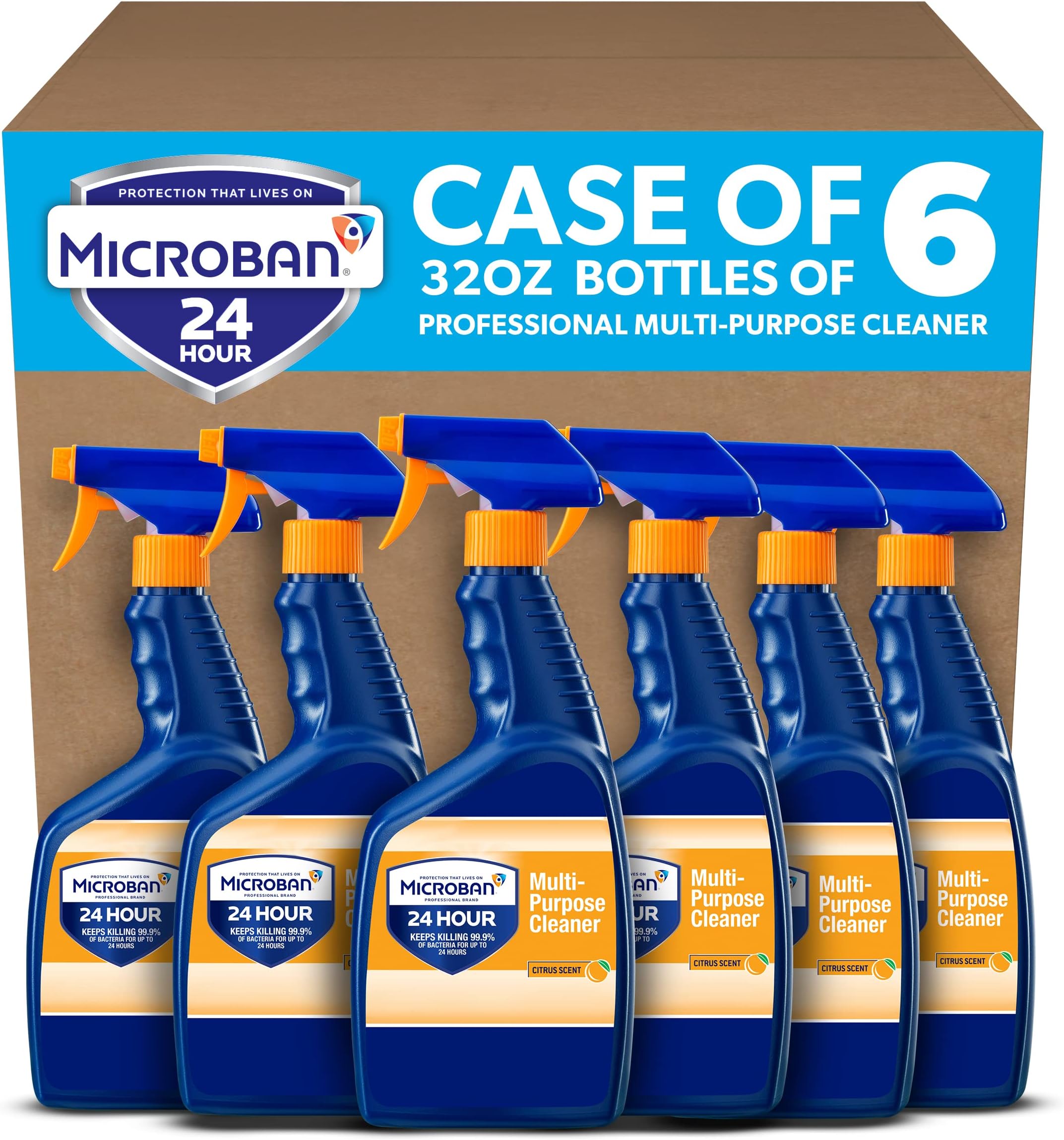 Microban 24 Professional Disinfectant Spray, 24 Hour Sanitizing and Antibacterial Spray, Citrus Scent, 32 oz (Pack of 6), Navy