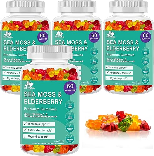 BIO VITALICA Paquete de gomitas de saúco de musgo marino (3 paquetes) y gomitas de saúco de musgo marino (1 paquete) BioVitalica