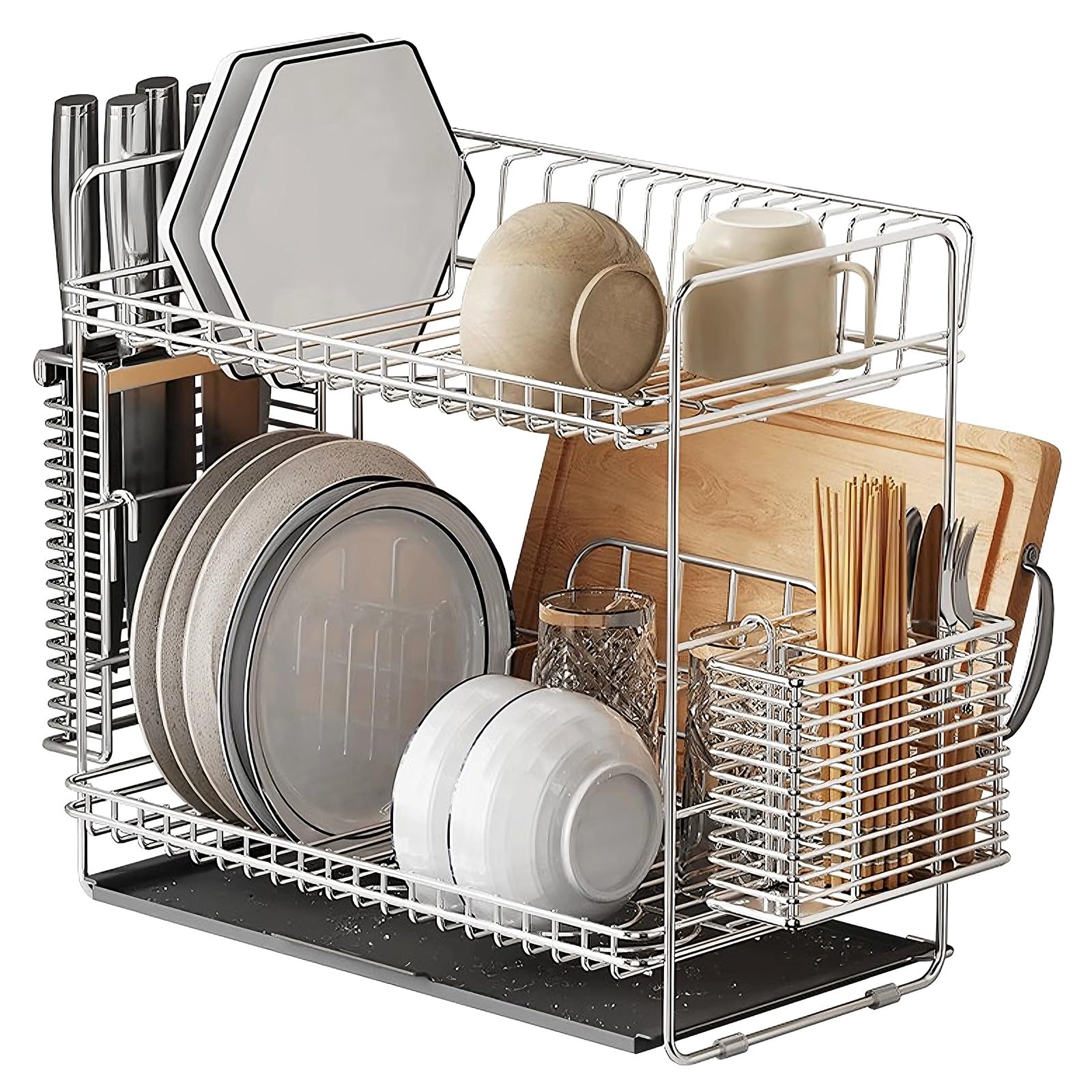 Stainless Steel Over The Sink Dish Drying Rack with Chopstick Rest 2-Tier Kitchen Sink Organizer with Cutting Board