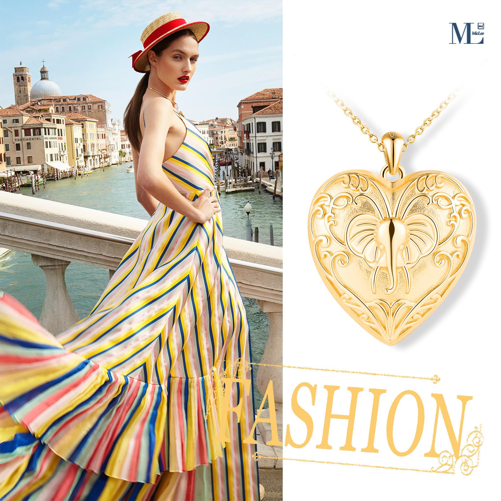 MicLee Collar Foto Corazón Medallones de Plata 925 para Mujer Collares Colgantes Photo Openable Moda Colgante Corazón de Elefante Collar Souvenir