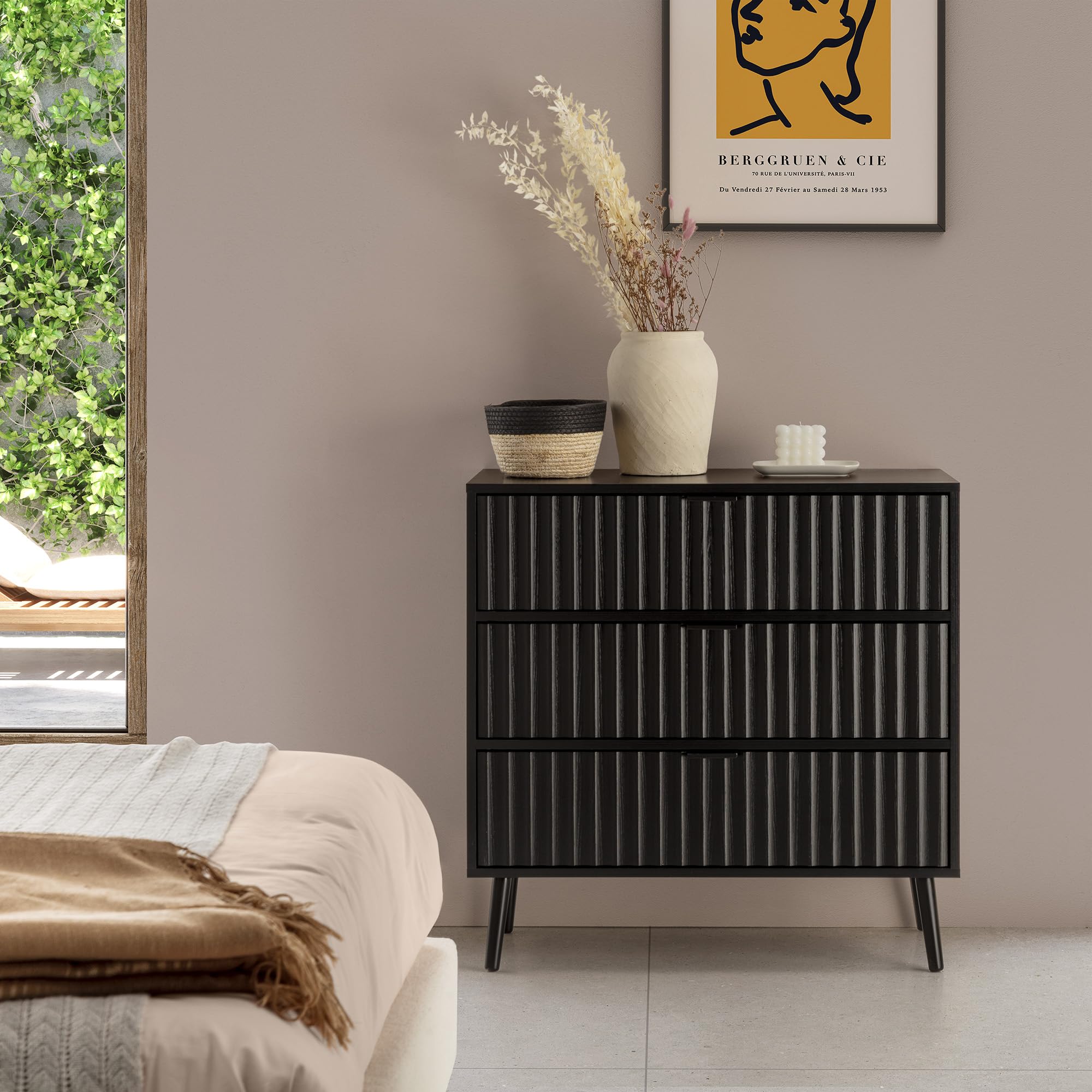HOMN LIVING Cassettiera Lluvia 3 cassetti colore Nero, guide in metallo, 80 cm (larghezza) 40 cm (profondità) 80 cm (altezza)