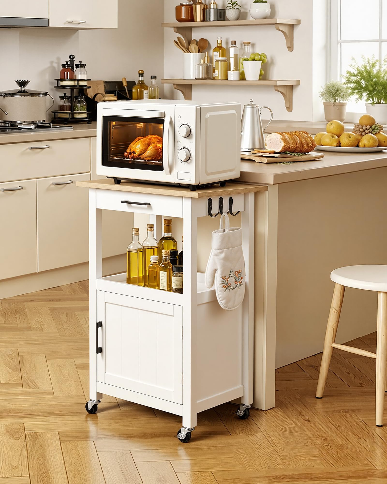 VEVOR Carrello da Cucina Anta Singola Cassetto per Sala da Pranzo Bianco | Mobiletto Portaoggetti, Portasciugamani, Ganci, Tavolo Portautensili con 4 Ruote, Piccola Stazione da Caffè, Salotto, Ufficio