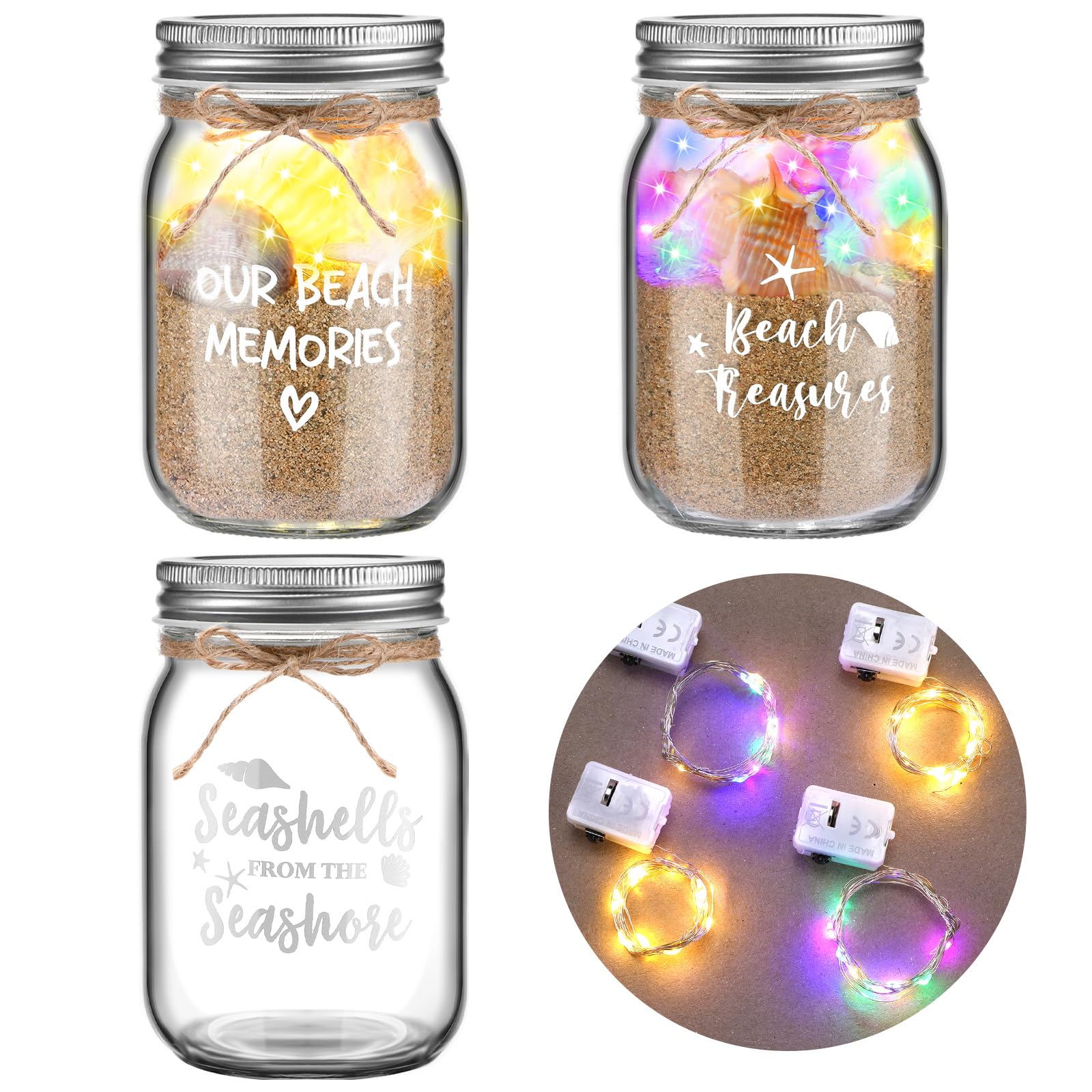 3 Pcs Beach Sand Jar Mason Seashell Bottles 380 ml with 4 Light Strings Rope Glass Sand Mason Jars Decorative Bottles with Lid Beach Keepsake for Housewarming Wedding Honeymoon Ocean Supplies