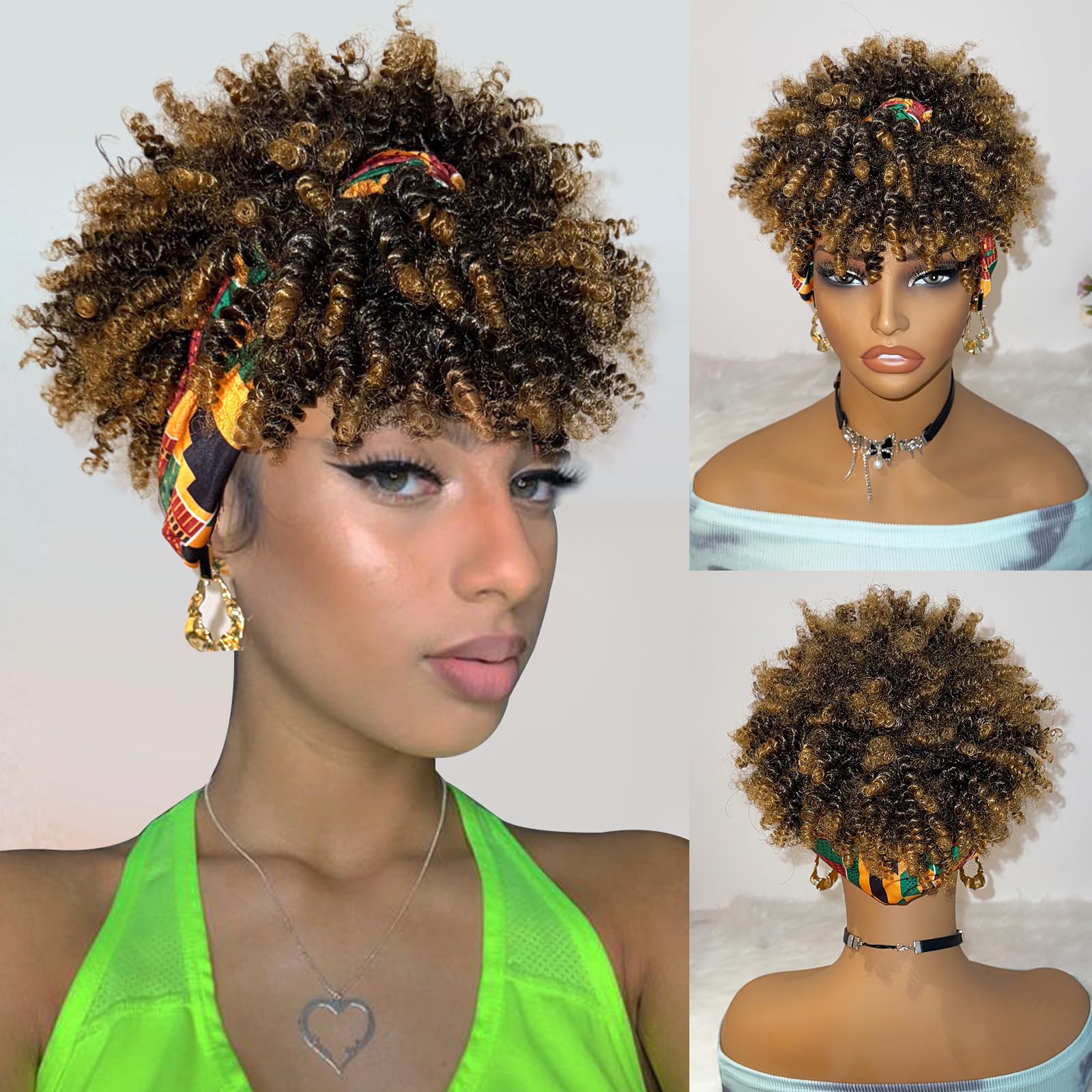 DEYNGS Kinky Curly Afro Puff Wig with Bangs Highlight Blonde Headband Wigs Afro Curly Headband Wig with Bangs Afro Wigs for Black Women Turban Wrap-Wigs 4inch Product Image 1