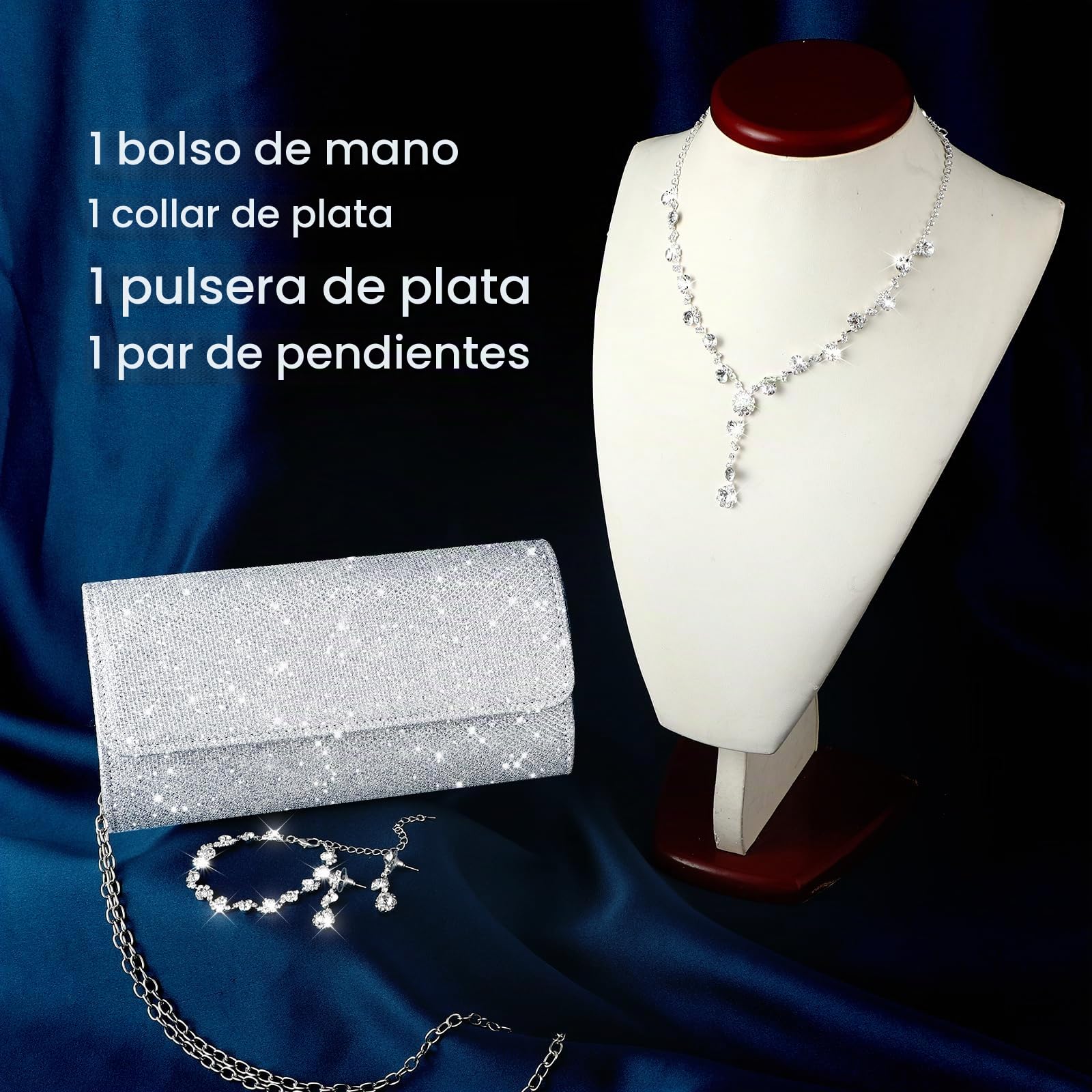Yolev Conjunto Joyas Mujer de Boda Nupcial Bolso de Embrague de Plata Bolso de Cena Joyas de Diamantes de Imitación Collar Pendientes Novia Pulsera Conjunto de Joyas de Baile Dama de Honor Nupcial