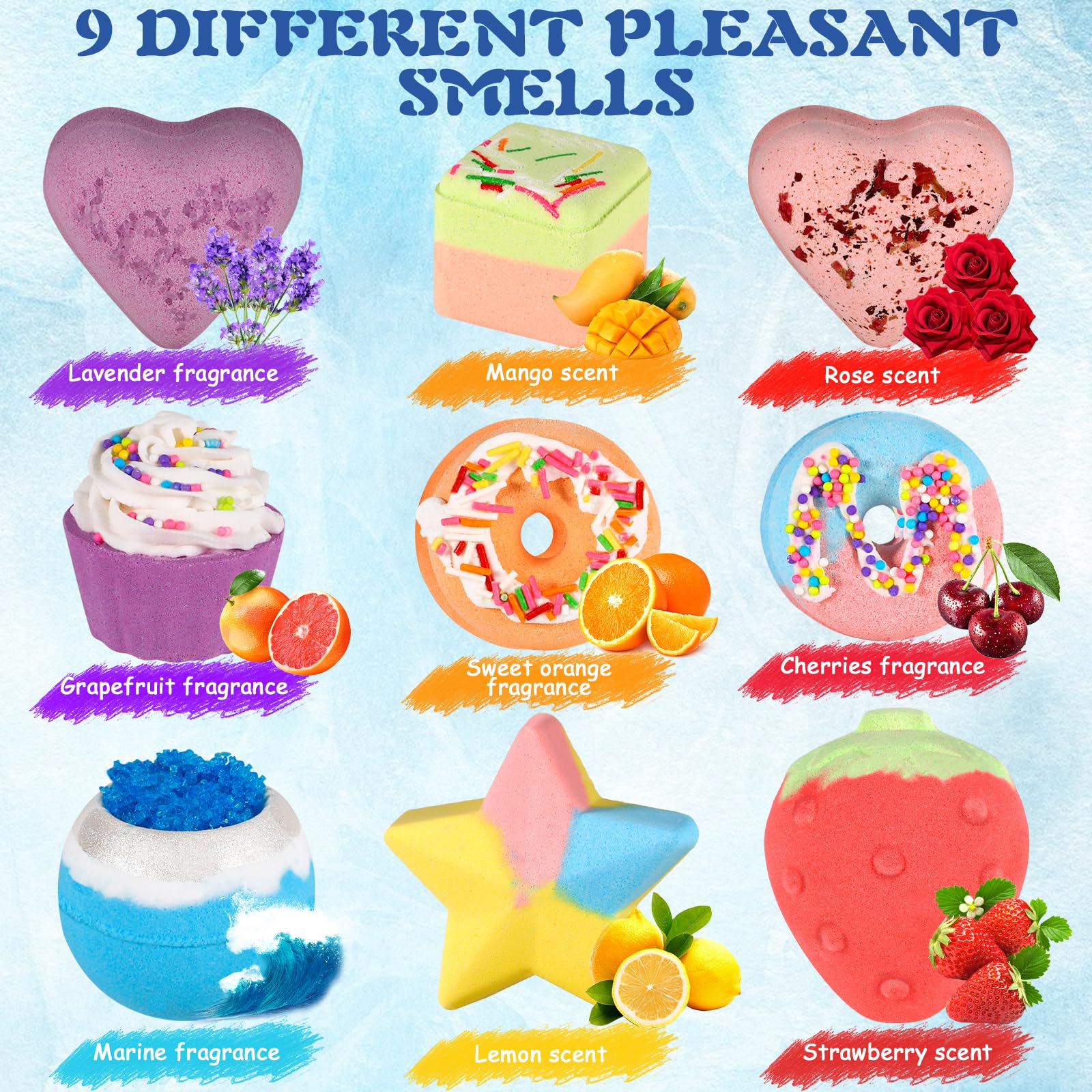 Bombes de Bain, Lot de 9 Coffret Cadeau Boules de Bain, Bombes de Bain Moussantes Biologiques et Naturelles, Coffret Cadeau Femme - pour Cadeau Femme, Fille, Enfants, Fete des Meres, Noël