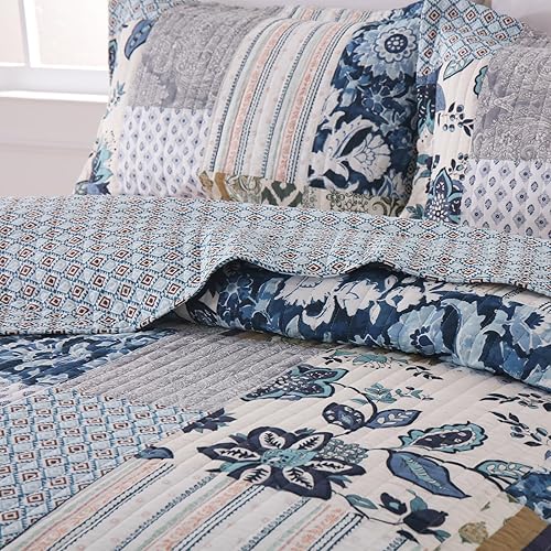 Miniatura 4 de Yvooxny Juego de edredón tamaño King, colcha acolchada reversible de 3 piezas, juego de ropa de cama de retazos reales con fundas de almohada