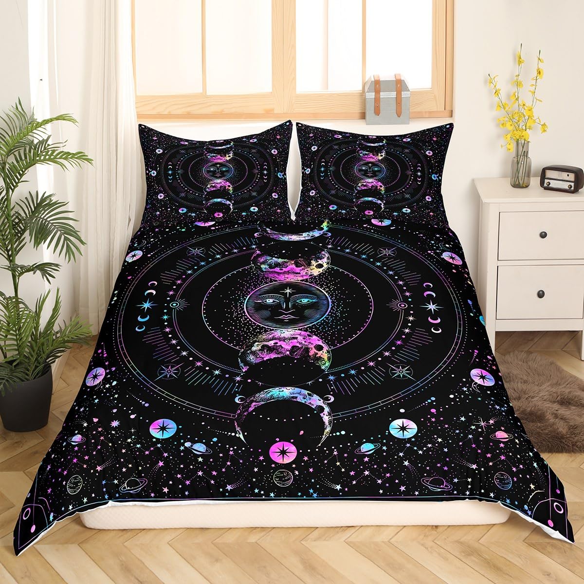 Sun and Moon Duvet Cover Set Single Size, Stars Space Psychedelic Comforter Cover with 1 Pillowcase - Image 3