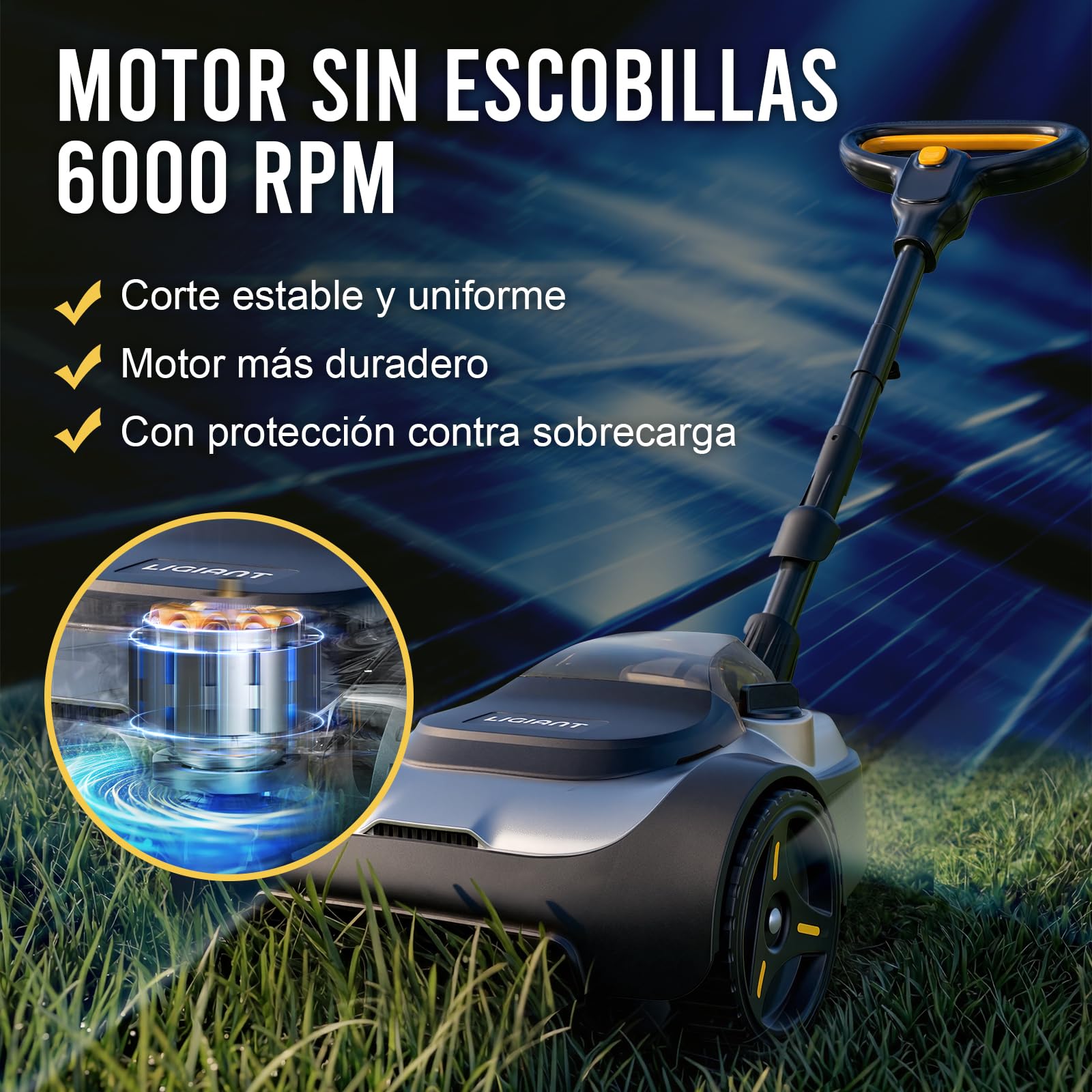 LIGIANT Cortacésped a Batería 22 cm, Mini Cortacésped Inalámbrico con Motor sin Escobillas, Mulching, 3 Alturas de Corte, Protección contra Inclinación 10° a 75°, para Jardines Pequeños