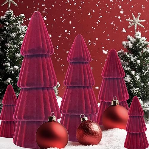 Miniatura 6 de Decoraciones de mesa de Navidad, juego de 5 árboles de Navidad de terciopelo flocado, modernos conos, centros de mesa para el hogar, mesa, mantel de