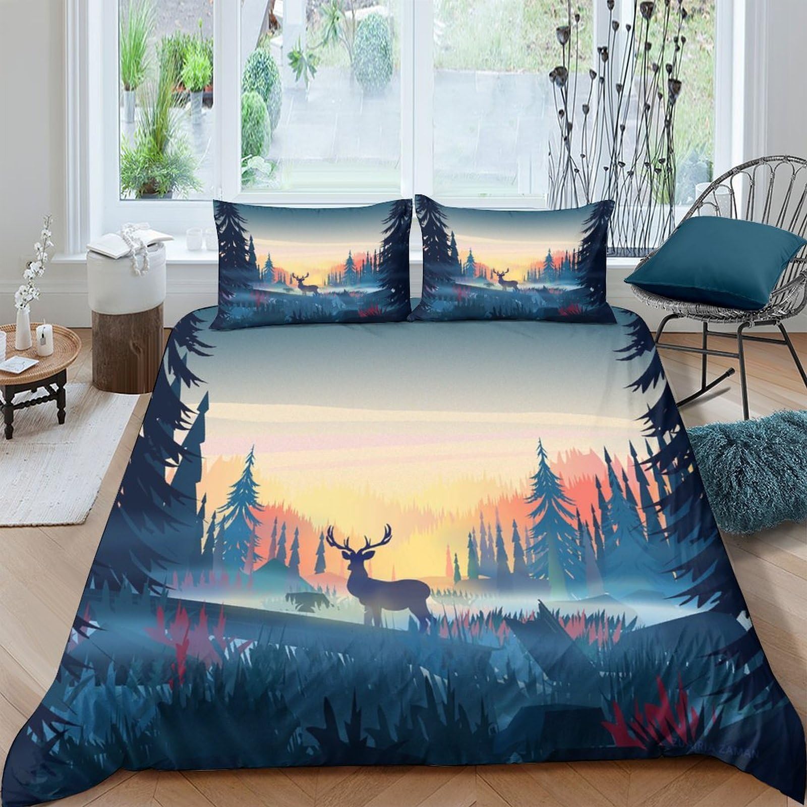 Ctjqhvkz Style-2 3D Printed Forest Deer Fitted Sheet Microfiber Soft Anti-Slip Sunrise Landscape Mattress Cover For Bedroom Guest Room Dorm Decor Single（135X200cm）