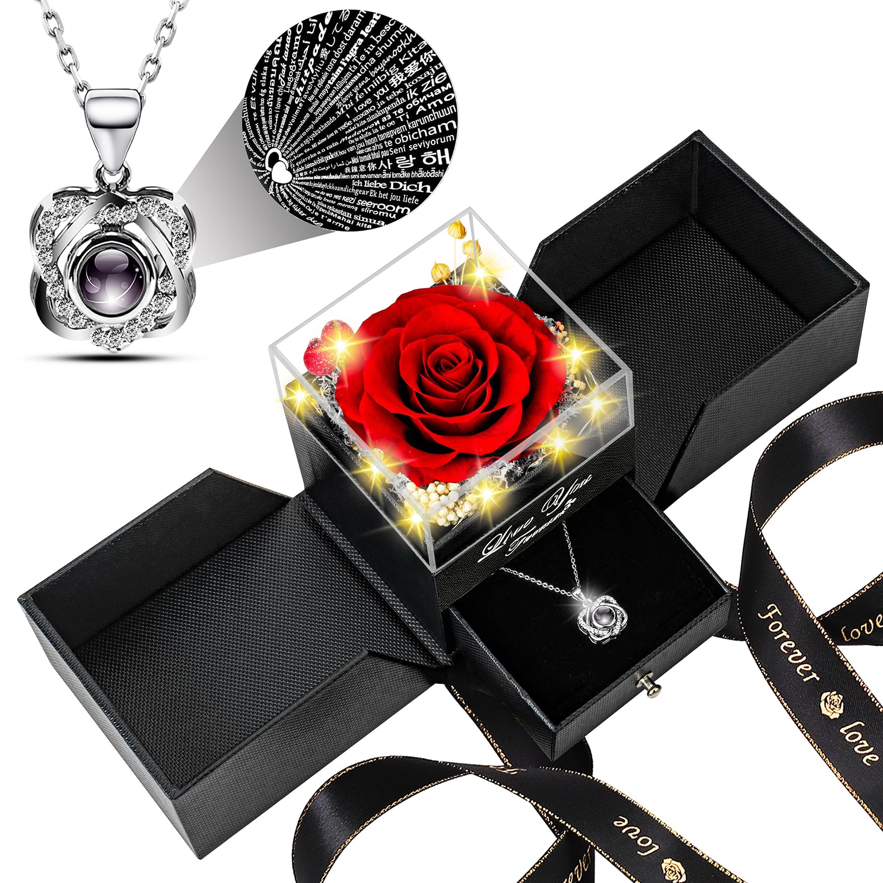 Lebana Preserved Red Real Rose with Heart I Love You Necklace