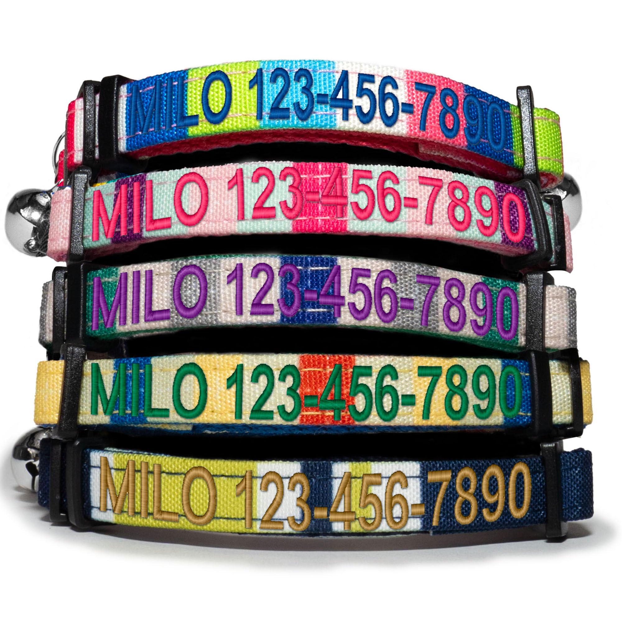 Pawtitas Personalized Cat Collar Green/White/Blue Adjustable Custom Collar Break Away Removable Bell and Engraved Name & Phone Number for Kittens and