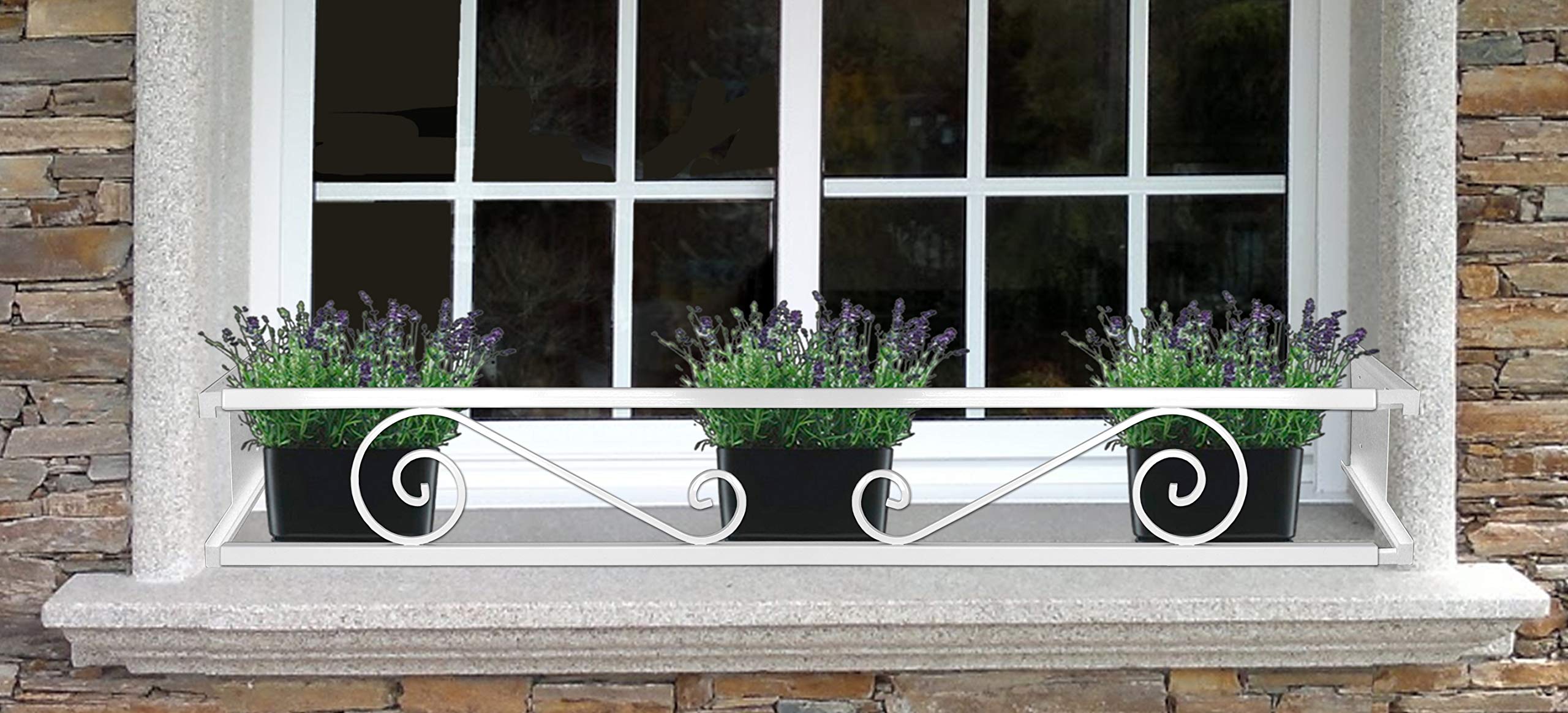 Balconcillo para Macetas, Balconcillo para Plantas, Portamacetas Ventana, Protector de macetas, Modelo Volutas Extensible 140-200 cm, Blanco