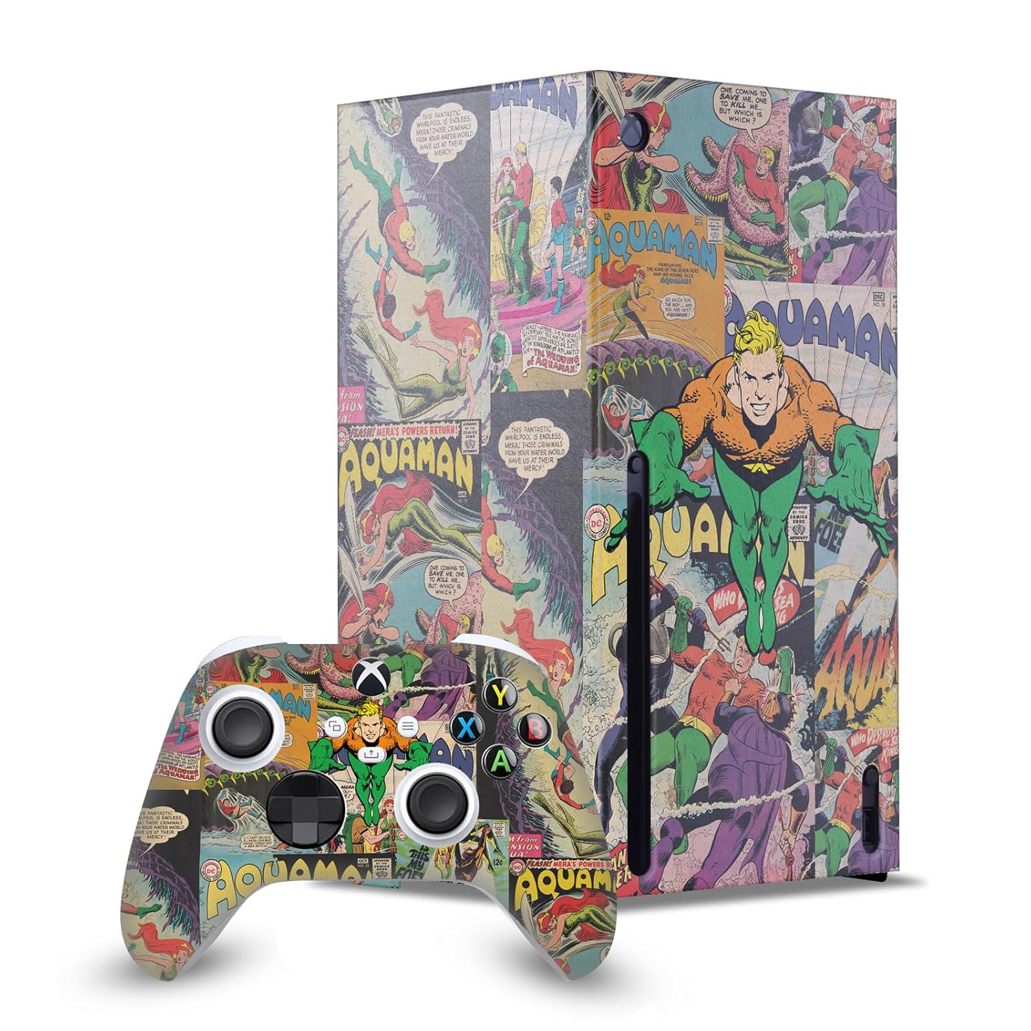 Head Case Designs Officially Licensed Aquaman DC Comics Character Collage Comic Book Cover Game Console Wrap and Game Controller Skin Bundle Compatible With Xbox Series X