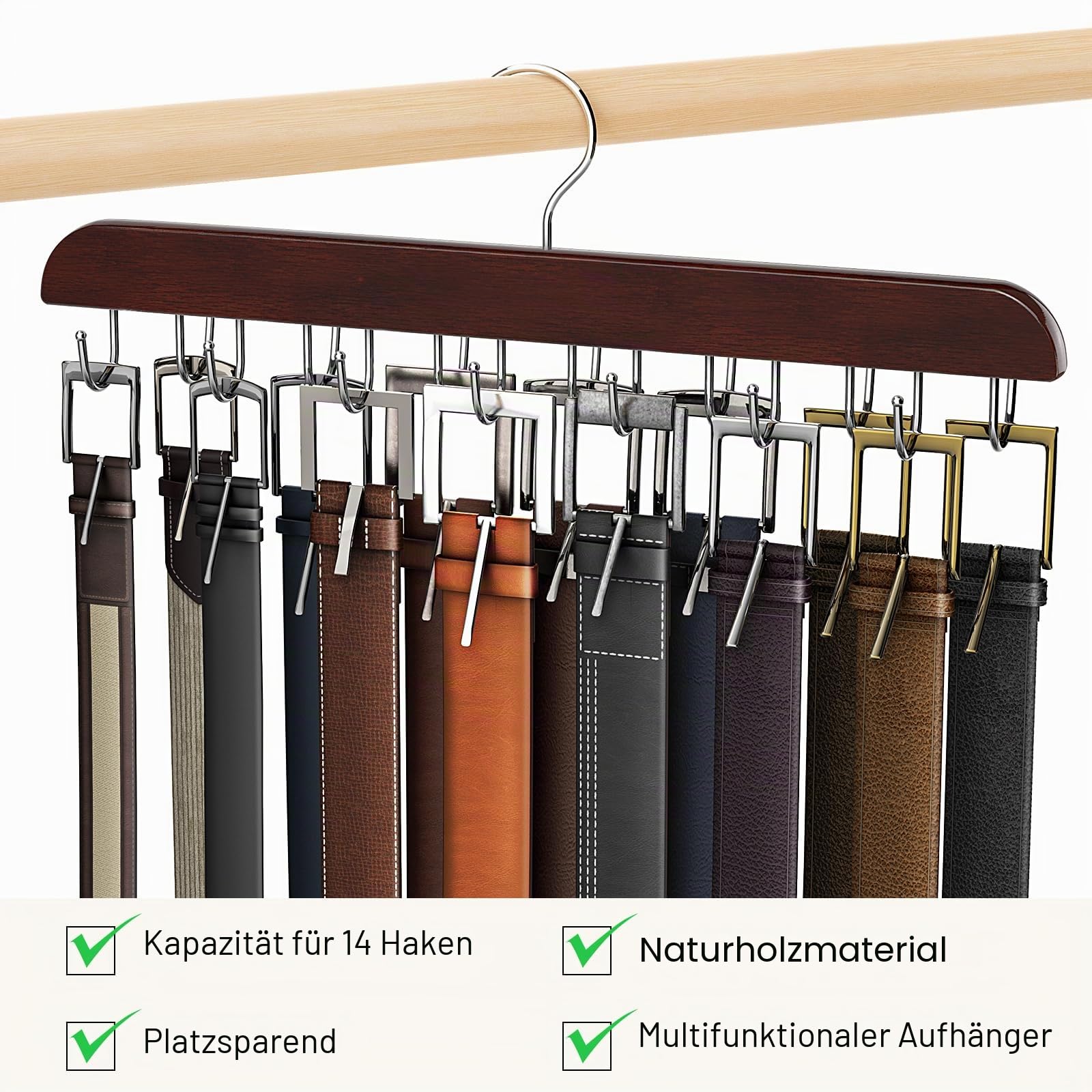 Gürtelhalter für Kleiderschrank, Platz für bis zu 42 Gürtel, Gürtel-Organizer mit 14 Haken, Gürtelhalter aus stabilem Holz für Kleiderschrank-Organizer und Aufbewahrung, Mahagoni, 2er-Pack