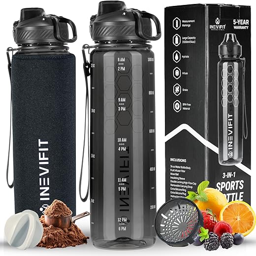 INEVIFIT 3-in-1 Sports Water Bottle 34oz 1L Hydration Tracking Water Bottles with Daily Time Marker BPA Free Tritan Leak Proof with Fruit Infuser Filter, Mixer Ball, Insulating Sleeve & Carrying Strap