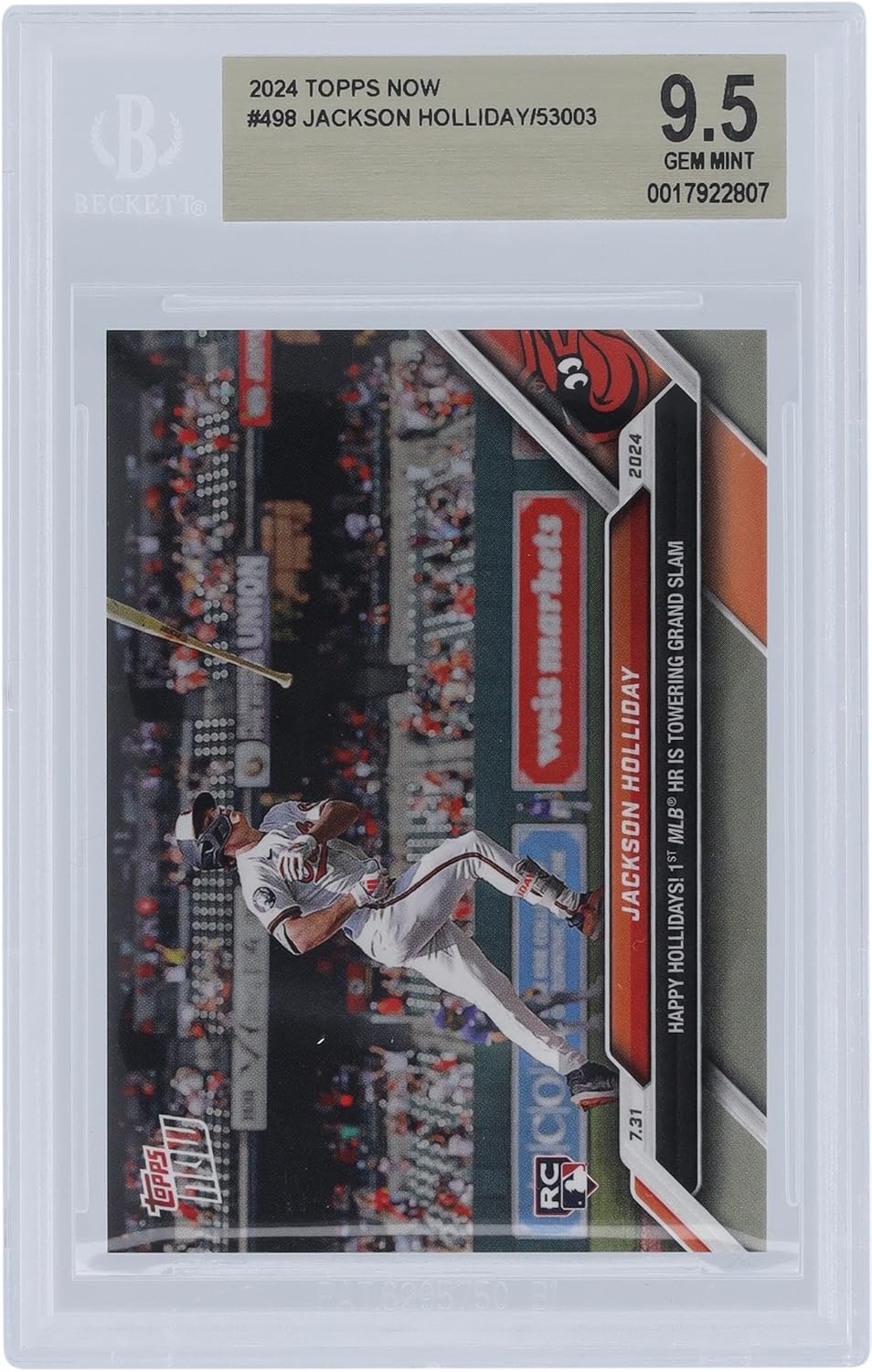 Jackson Holliday Baltimore Orioles 2024 Topps Now Happy Hollidays! 1st MLB HR is Grand Slam 07.31.24#498 BGS Authenticated 9.5 Rookie Card - Baseball Slabbed Rookie Cards