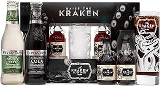 The Kraken Experience, Spiced Rum Gift Set - 2x 5cl Kraken Rum Black Spiced, Fever-Tree 1x Ginger Beer, 1x Cola 200ml, Rum Glass - Flavoured Rum Christmas Alcohol Gifts for Him - Presents for Men