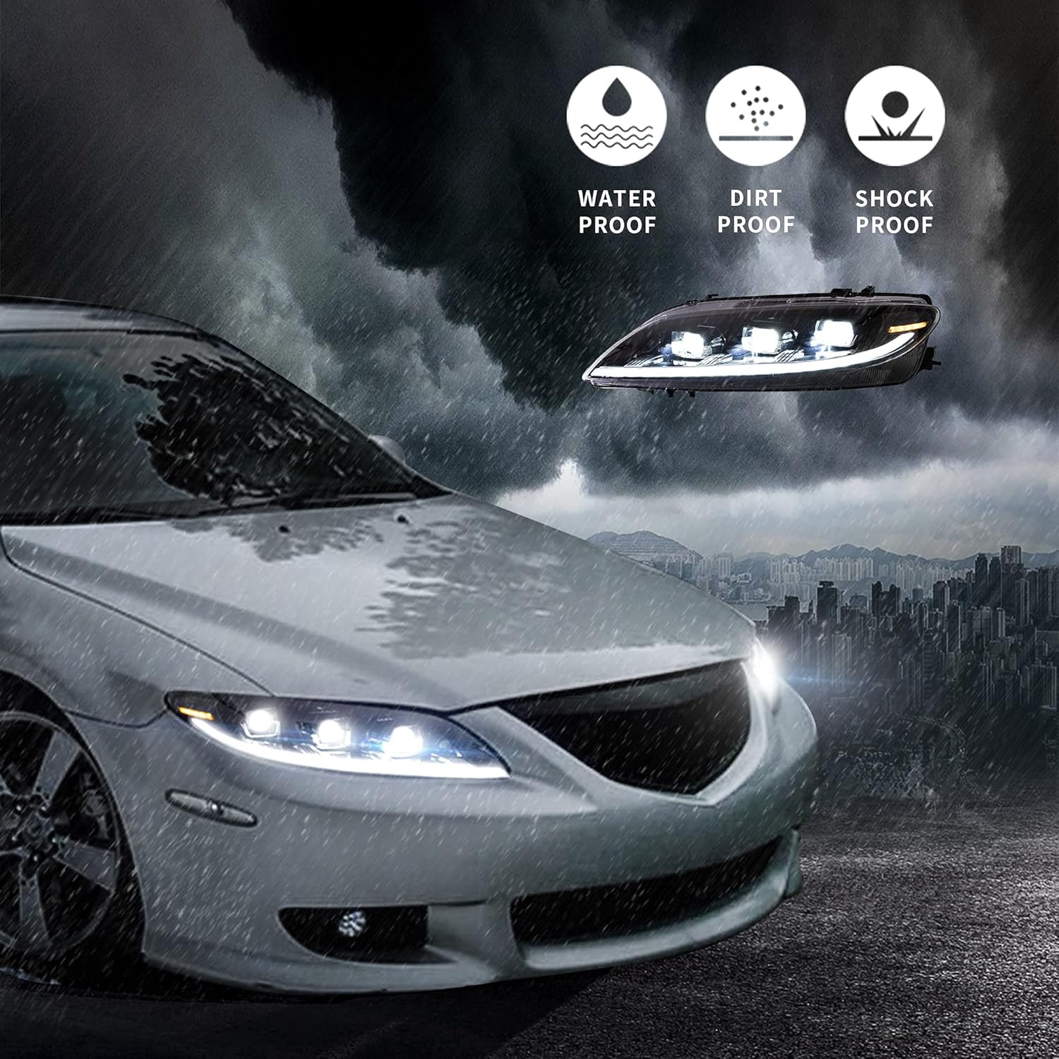 VLAND LED Headlights Compatible For [2003-2008 Mazda 6 M6 (GG1) S, I, Mazdaspeed Sedan/Hatchback/Wagon] With Welcome/Breathe Function Dynamic DRL, Fit For Factory Halogen & Xenon