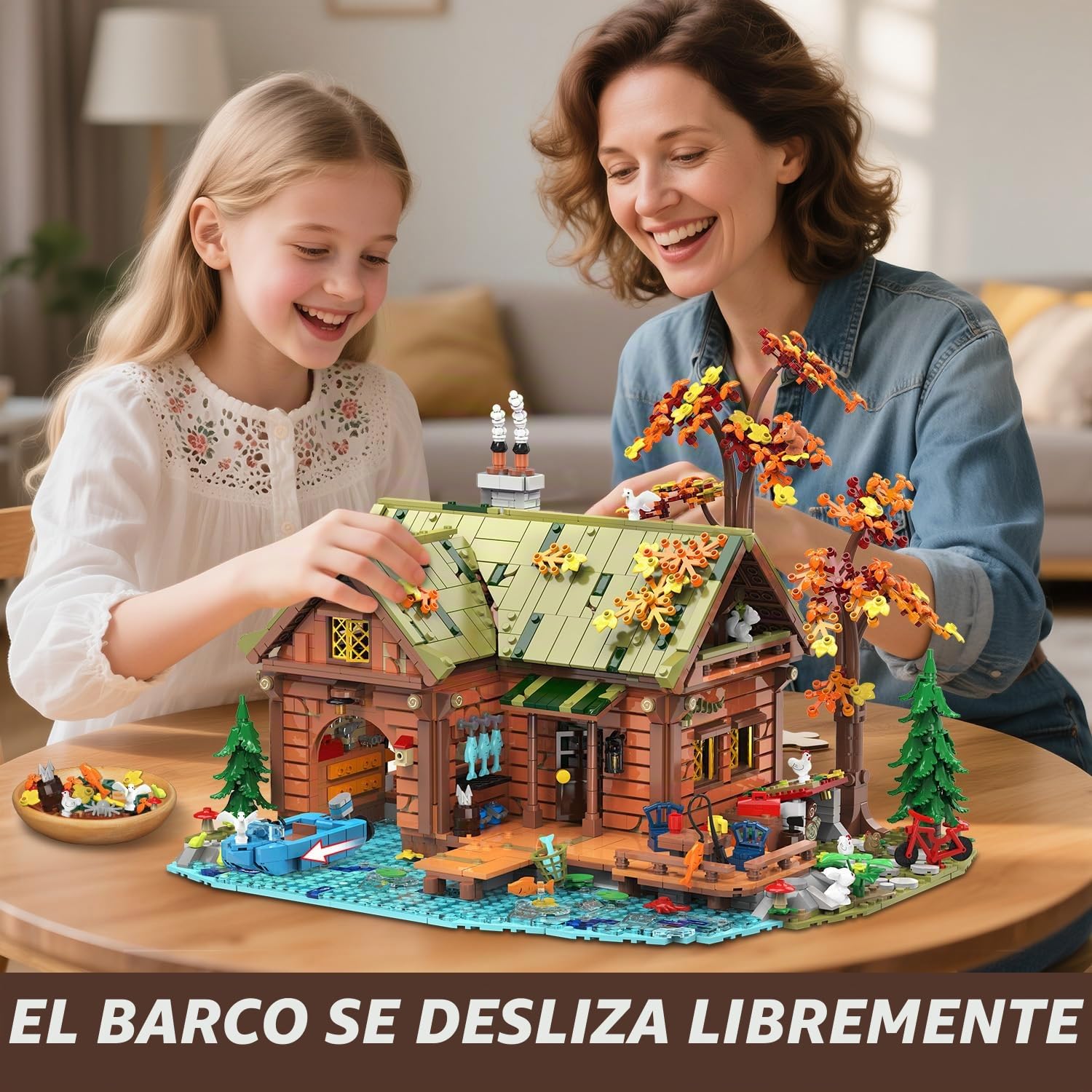 INSOON Juego de construcción de cabina de madera con luz LED, juguete de bloque de construcción de casa de bosque de madera con barco, bicicleta, estanque, animales, modelo de construcción de casa